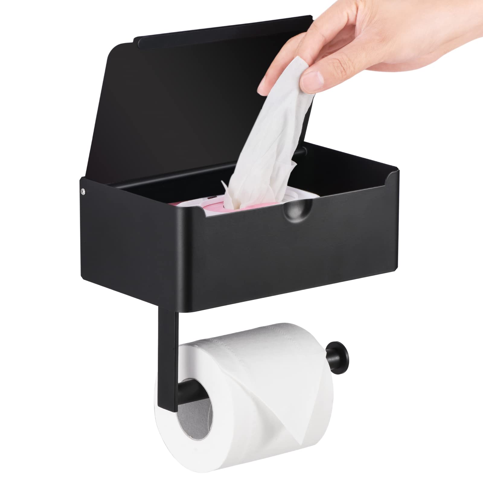 Stainless Steel Wall Mounted Toilet Paper Holder with Shelf - Large Bathroom Wipe Organizer in Matte Black - Perfect for Modern Bathrooms and Powder Rooms