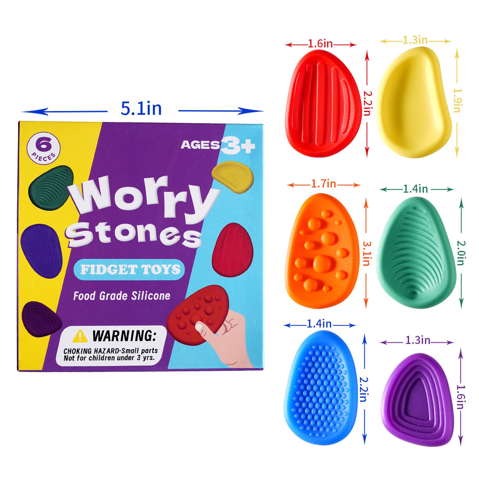 Sensory Fidget Stones Set - 6 Pack Soft Textured Anxiety Relief Toys for Autism, ADHD & Stress - Portable Worry Stones with Storage Box - Perfect for Classroom, Office & Travel - Calming Sensory Toys for Kids & Adults
