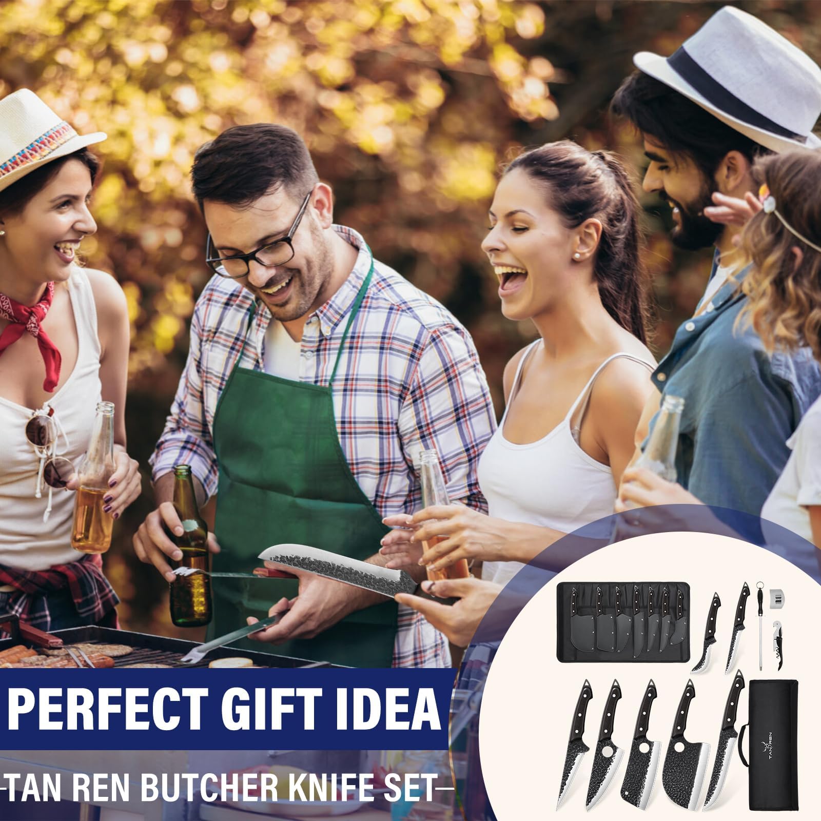 18PCS Professional Serbian Chef Knife Set - Hand Forged Viking Kitchen Knives, Butcher & Boning Knives for Meat Cutting & Trimming with Storage Bag | Perfect for Home Chefs, BBQ & Father's Day Gifts