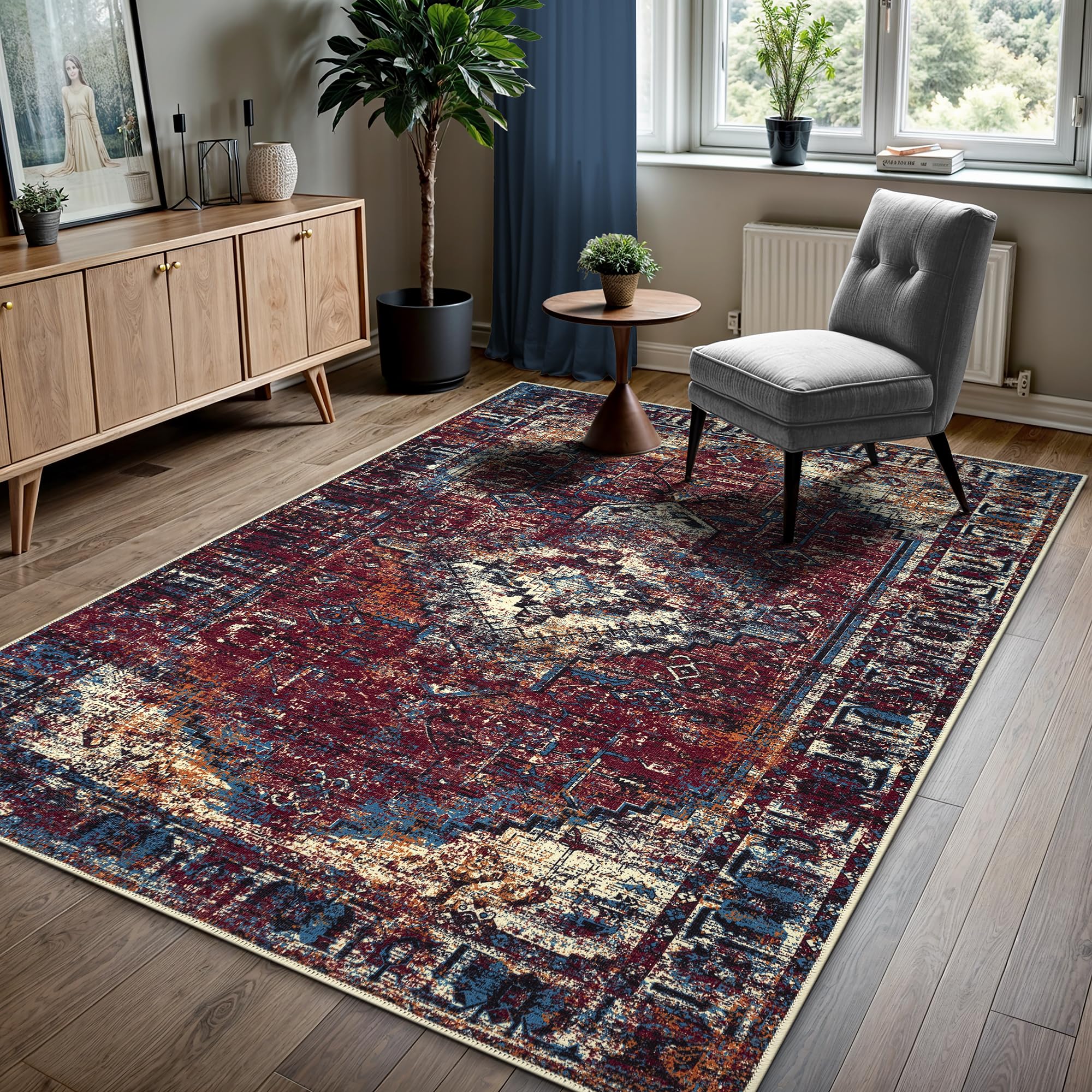 GLN Rugs Vintage Collection - Machine Washable Non-Slip Area Rug, Low Pile Burgundy Carpet for Living Room, Bedroom & Bathroom - Easy Clean 9'5