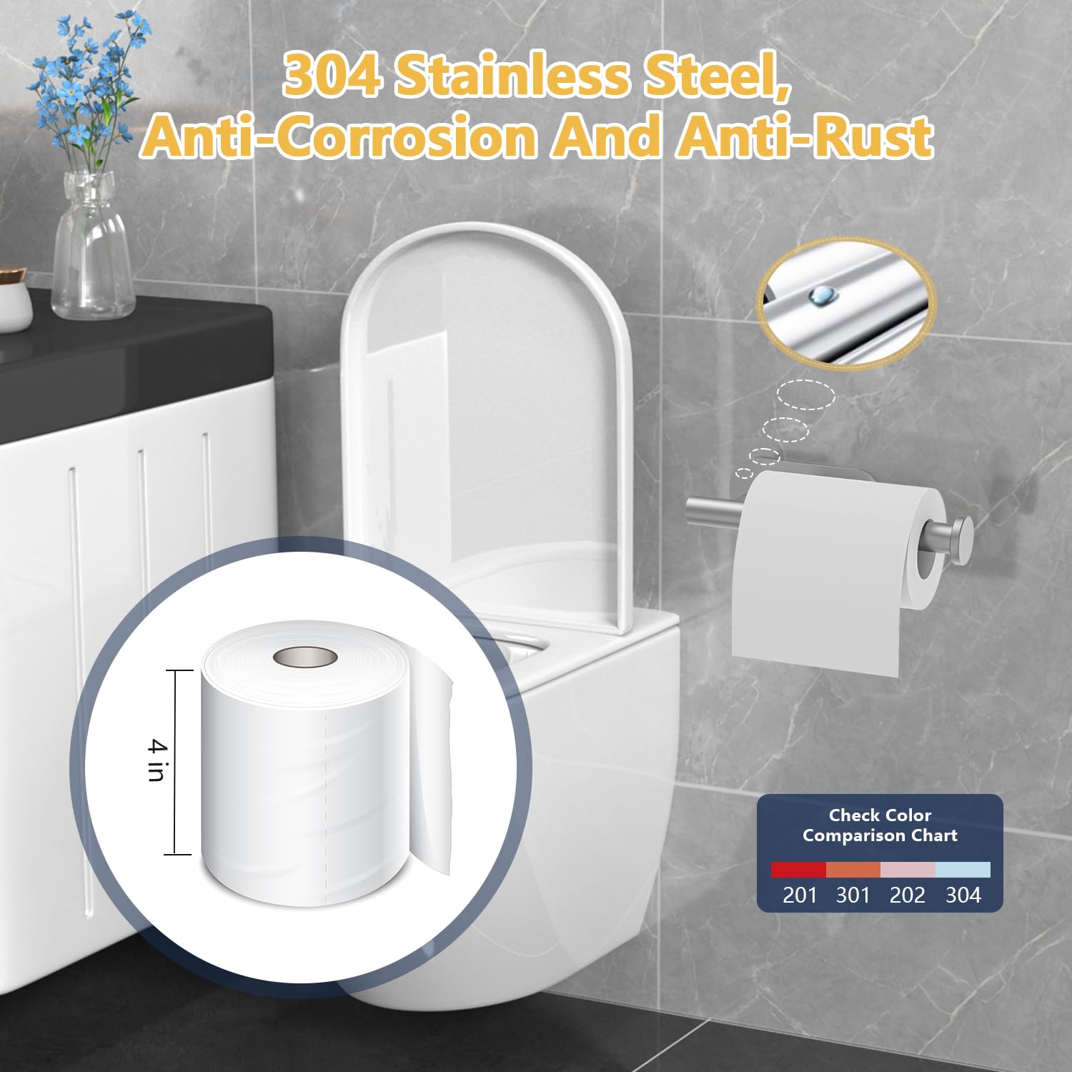 Stick-On Toilet Paper Holder - No Drill Bathroom & RV Paper Roll Holder - SUS304 Stainless Steel - Self Adhesive Mount - Silver Finish - Perfect for Small Spaces, Apartments, Campers & RVs