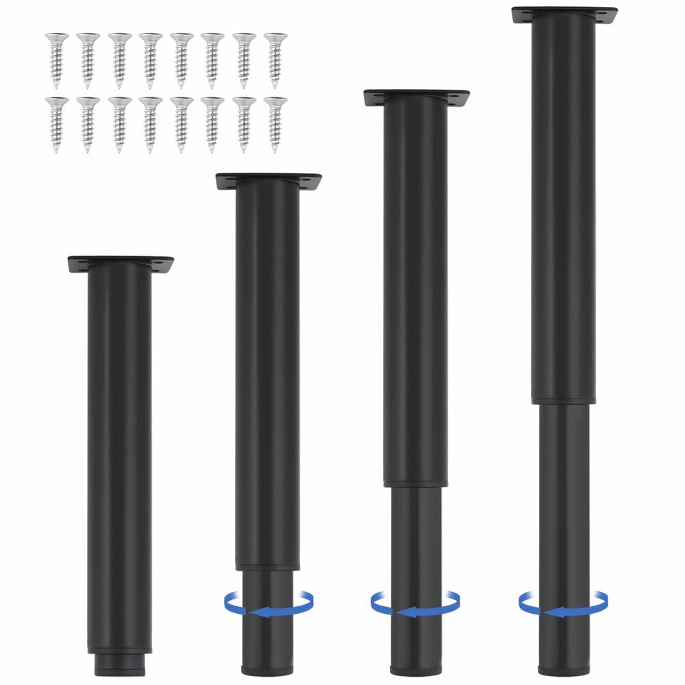 4 Pack Heavy Duty Adjustable Metal Furniture Legs 10-16.6 Inch - Cabinet, Bed Frame, Table & Sofa Support Legs - Black (Perfect for DIY Furniture Projects & Home Office Setup)