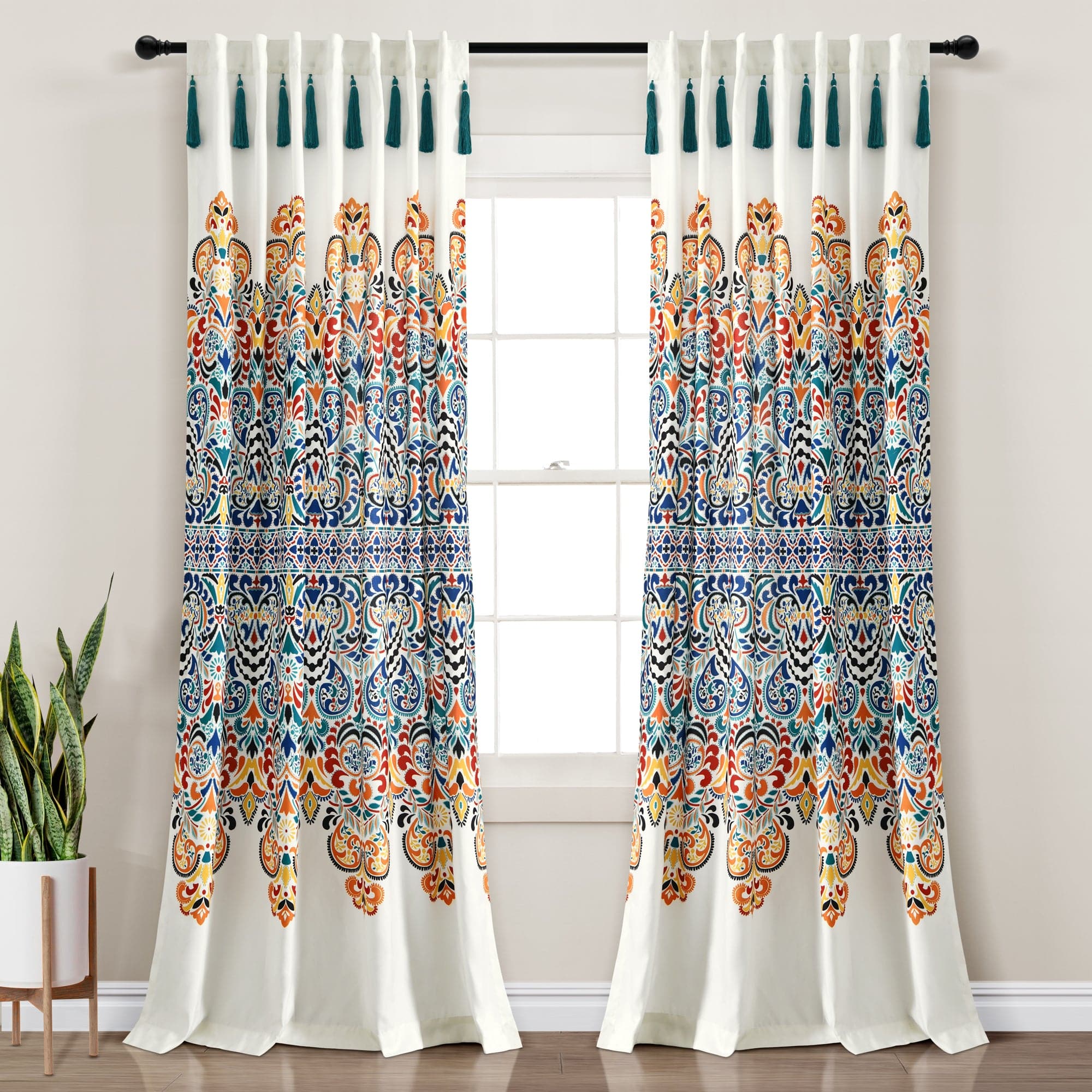 Boho Medallion Window Curtain Panel Set - Bohemian Style Room Decor for Living Room, Bedroom & Nursery - Light Filtering Sheer Drapes with Tassel Trim (Set of 2 Panels)
