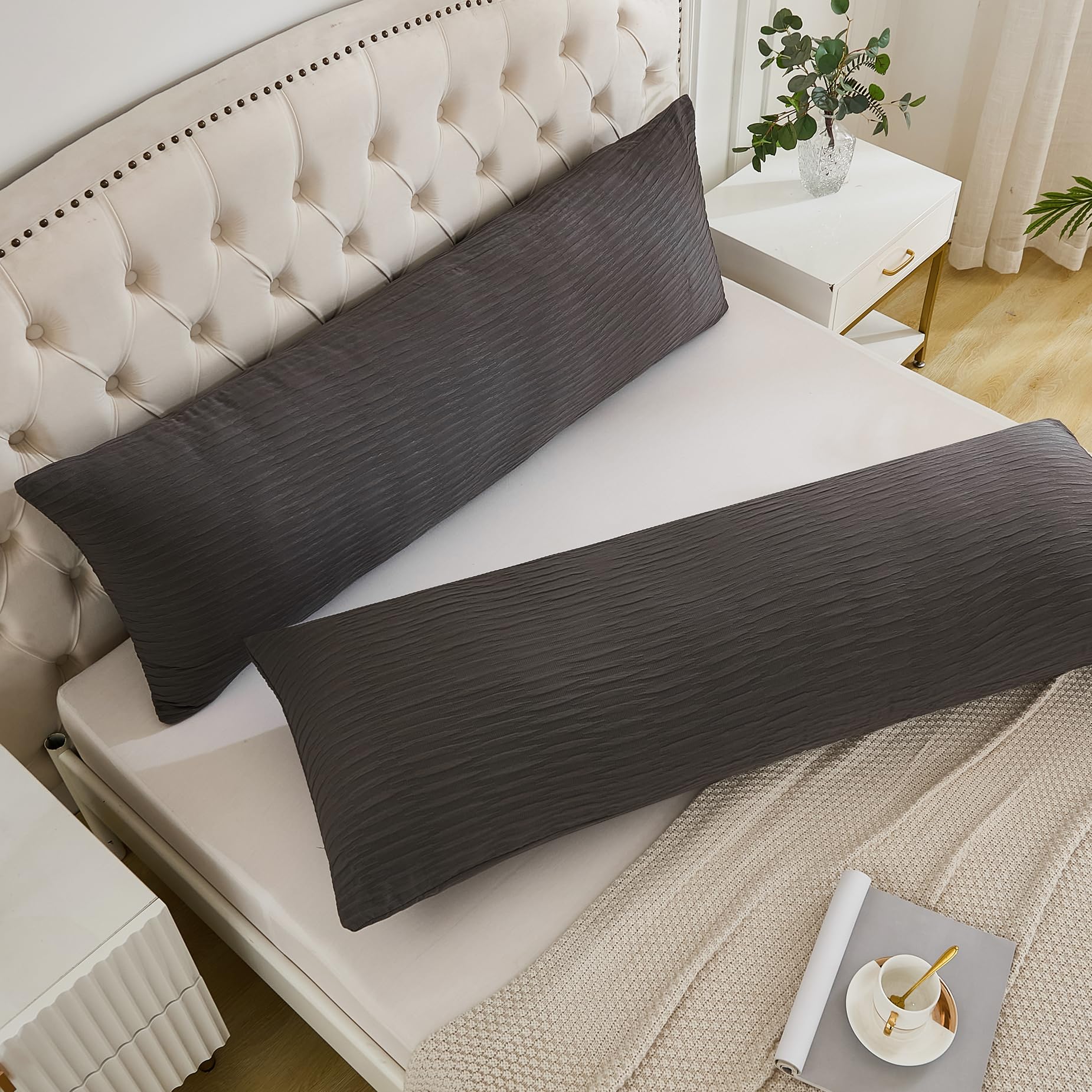 Seersucker Crinkle Textured Body Pillow Covers - 2 Pack Soft Lightweight All-Season Pillow Cases (20x54 Inches, Gray) for Bedroom, Couch, Sofa & Travel Comfort
