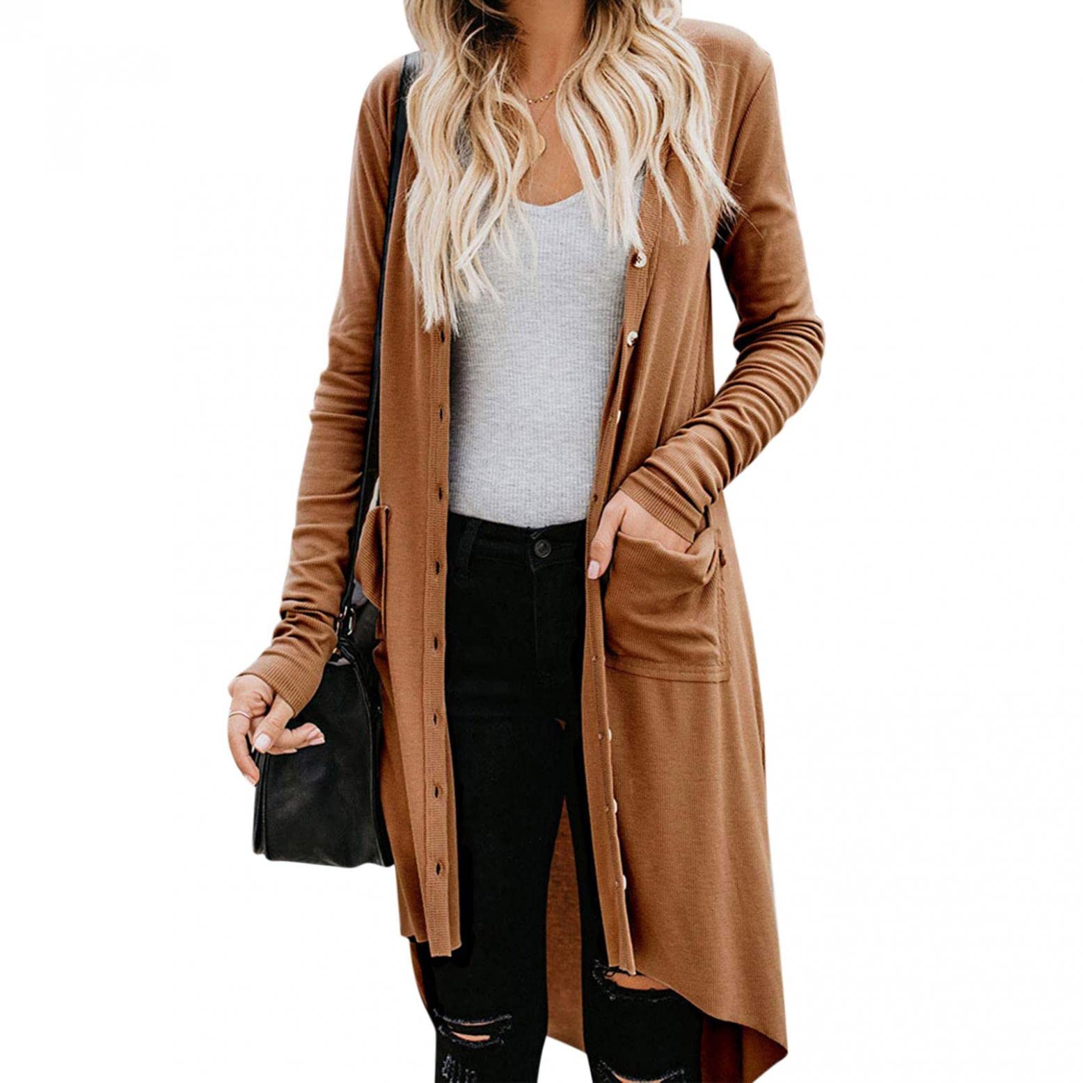 Women's Lightweight Open Front Cardigan Sweater - Long Sleeve Casual Fall Coat with Pockets | Perfect for Office Wear, Layering & Cool Weather Outfits