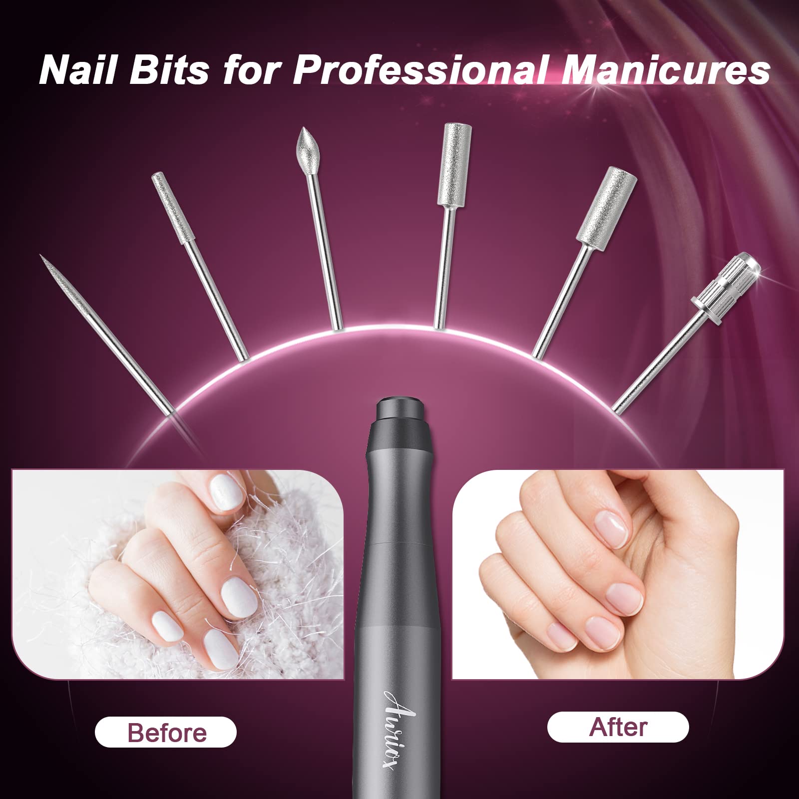 Auriox Professional Cordless Electric Nail Drill & File Kit - Rechargeable Portable Manicure Pedicure Tool with Ceramic Bit for Acrylic, Gel & Natural Nails (Gray) | Perfect for Home Salon & Nail Art Enthusiasts