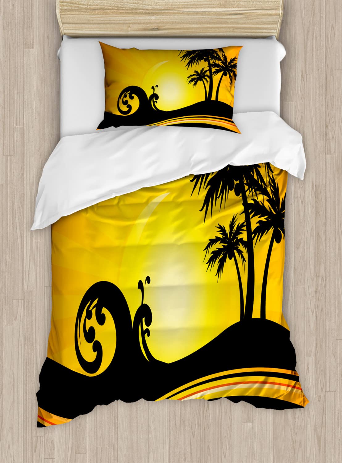Ambesonne Tropical Beach Duvet Cover Set - Summer Holiday Theme with Wave & Tree Silhouette Sun Rays Design, 2-Pack Twin Size Bedding (Black Orange Yellow) for Coastal Bedrooms, Vacation Homes & Tropical Decor