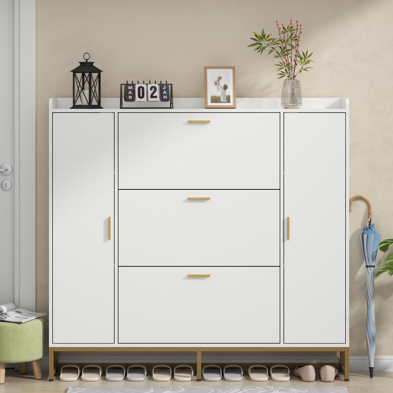 Modern White Shoe Cabinet with 3 Flip Drawers & 2 Storage Compartments - Freestanding Entryway Organizer with Metal Legs for Hallway, Living Room, Bedroom - Slim Shoe Storage Rack for Sneakers, Boots & Home Organization
