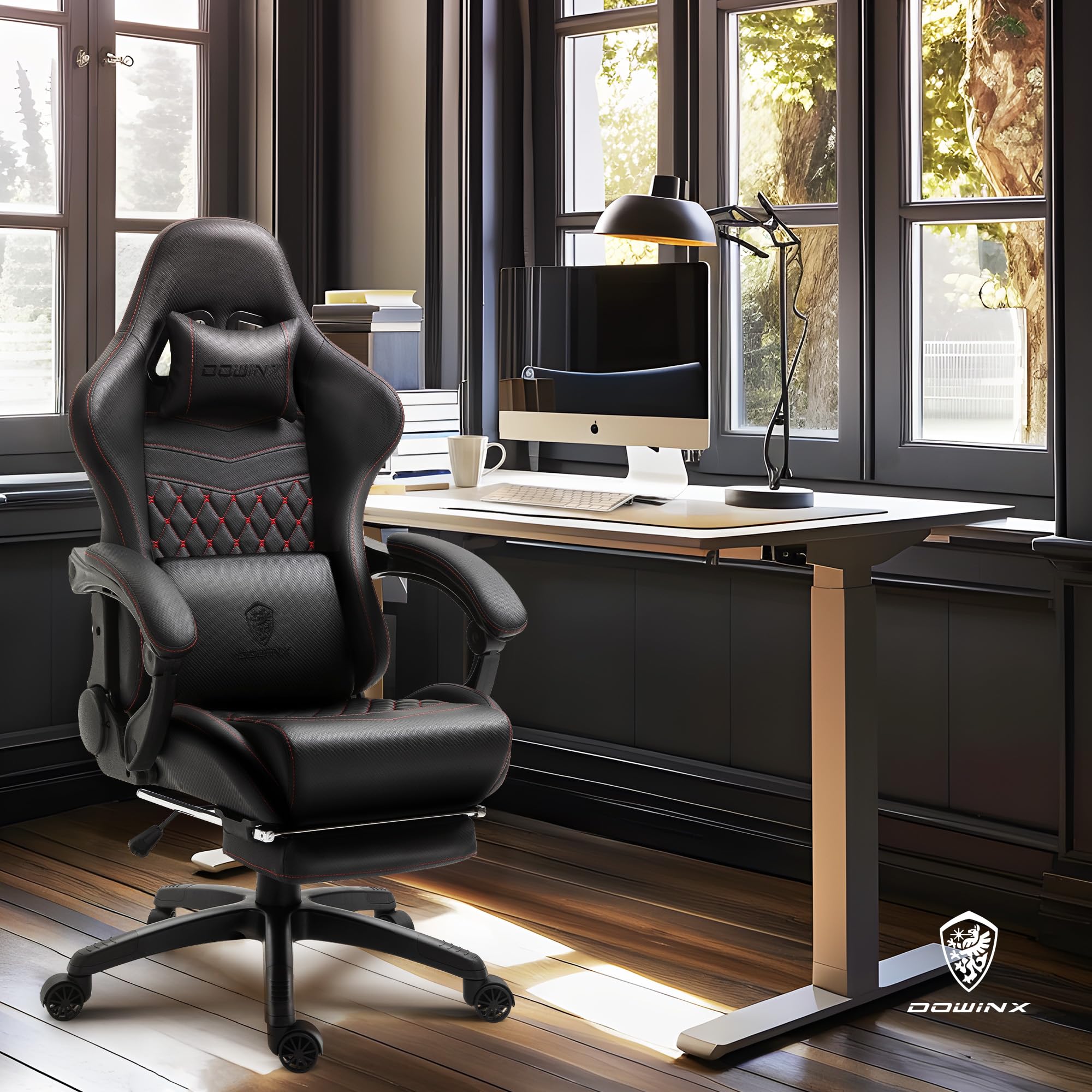 Dowinx Ergonomic Gaming Chair - High Back Racing Style Office Chair with Adjustable Lumbar Support & Footrest, PU Leather Computer Desk Chair for PC Gaming & Home Office (Black) - Perfect for Esports, Streaming & Long Work Sessions