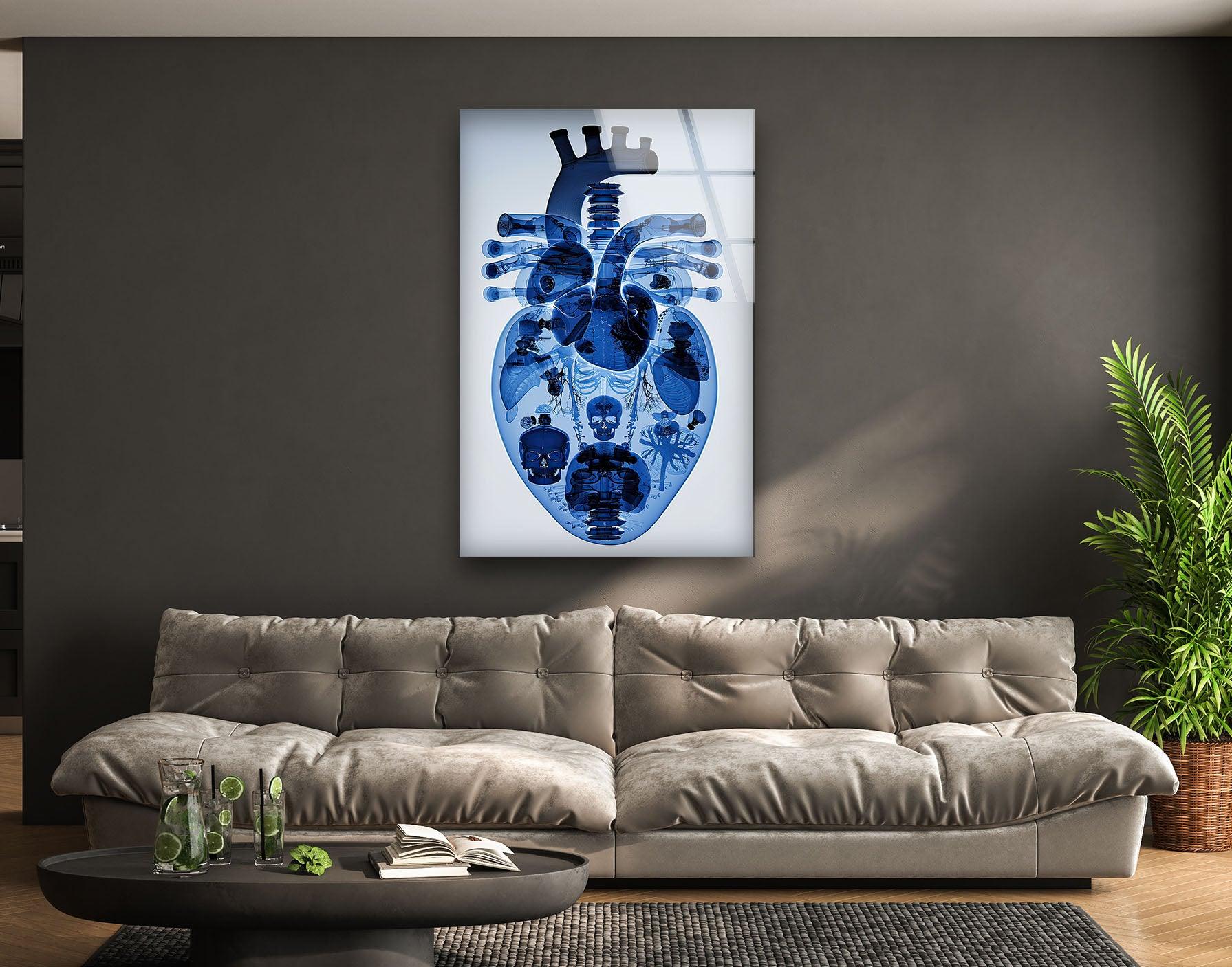 Blue Mechanical Heart Glass Wall Art - Elegant Home Decor for Living Room, Bedroom & Office - Perfect Gift for Valentine's Day & Anniversaries
