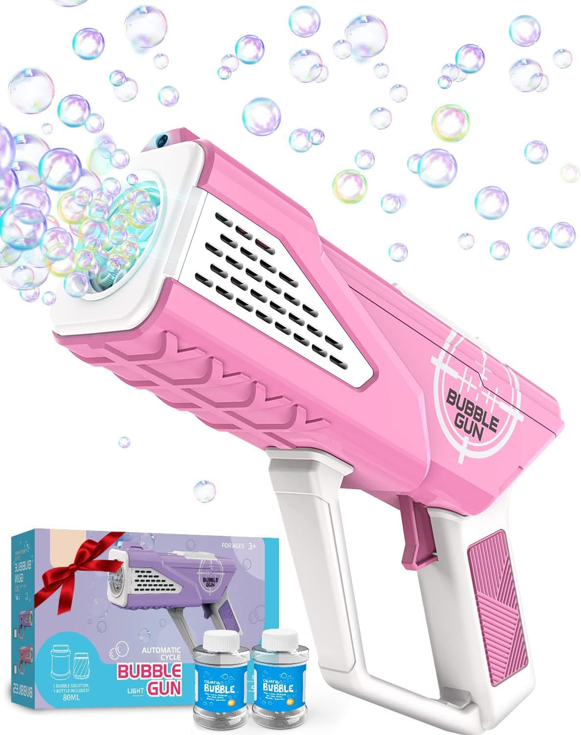 **Rechargeable LED Bubble Gun for Kids - Pink Bubble Blaster Machine with Light, Fun Outdoor Party Toy for Girls & Boys Ages 3+ - Perfect Birthday Gift, Summer Play & Backyard Activities**