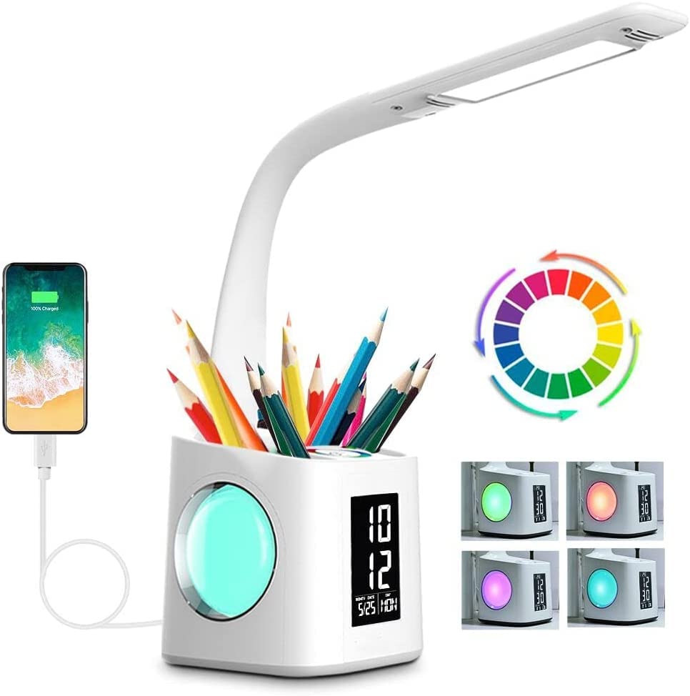 Wanjiaone Study Desk Lamp with USB Charging Port, Screen, Calendar & Color Night Light - Dimmable LED Table Lamp for Kids with Pen Holder & Clock - 10W Reading Light for Students - Perfect for Homework, Bedtime & Office Work