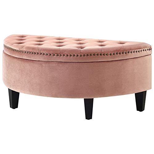 Brika Home Half Moon Velvet Upholstered Storage Ottoman in Blush Pink | Round Tufted Footrest with Hidden Storage | Perfect for Living Room, Bedroom & Nursery Organization