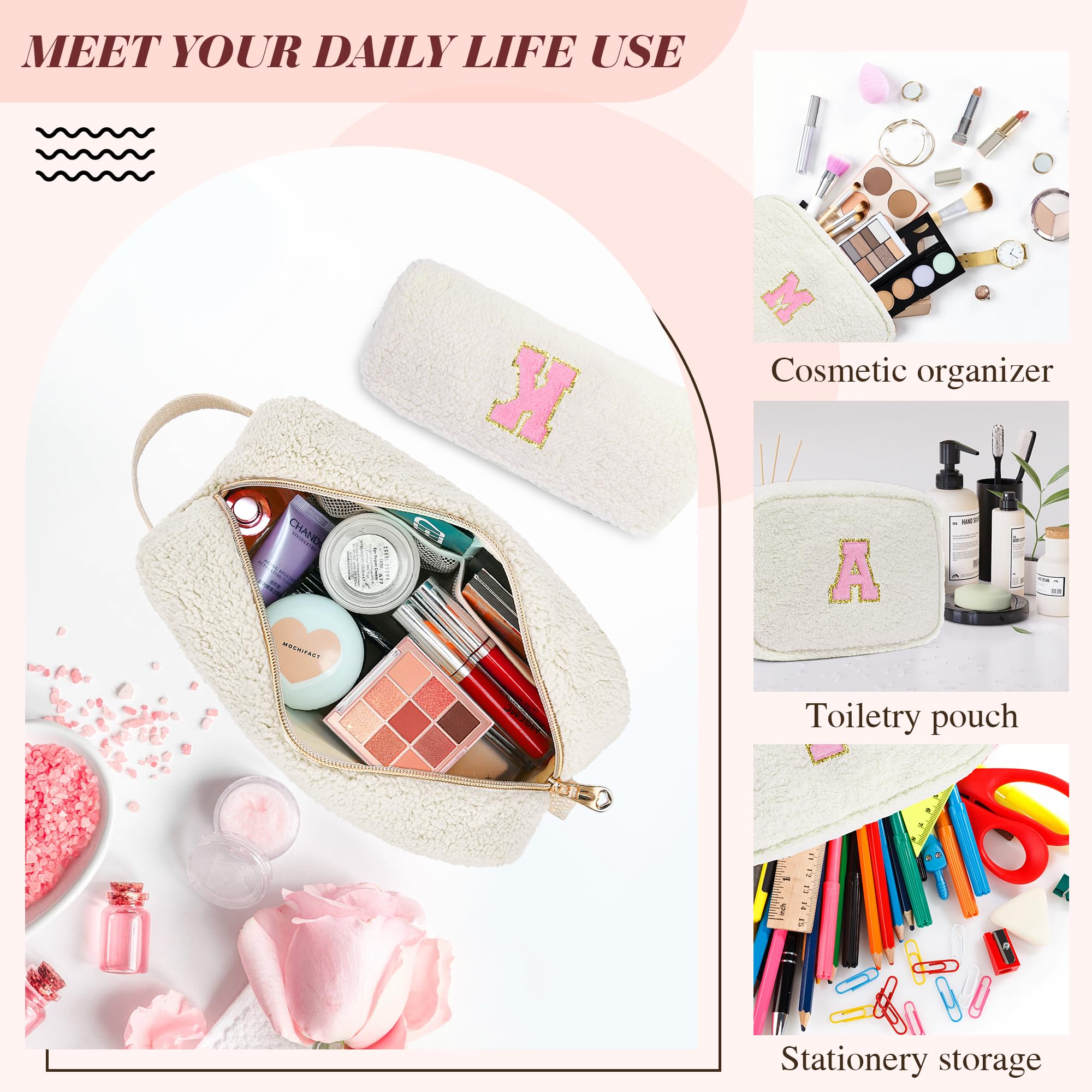 Personalized Monogrammed Makeup Bag for Women & Teens - Cute Travel Cosmetic Pouch for Girlfriend, Sister, Daughter - Trendy Preppy Toiletry Bag Gift (White) - Perfect for Travel, School & Daily Essentials Organization