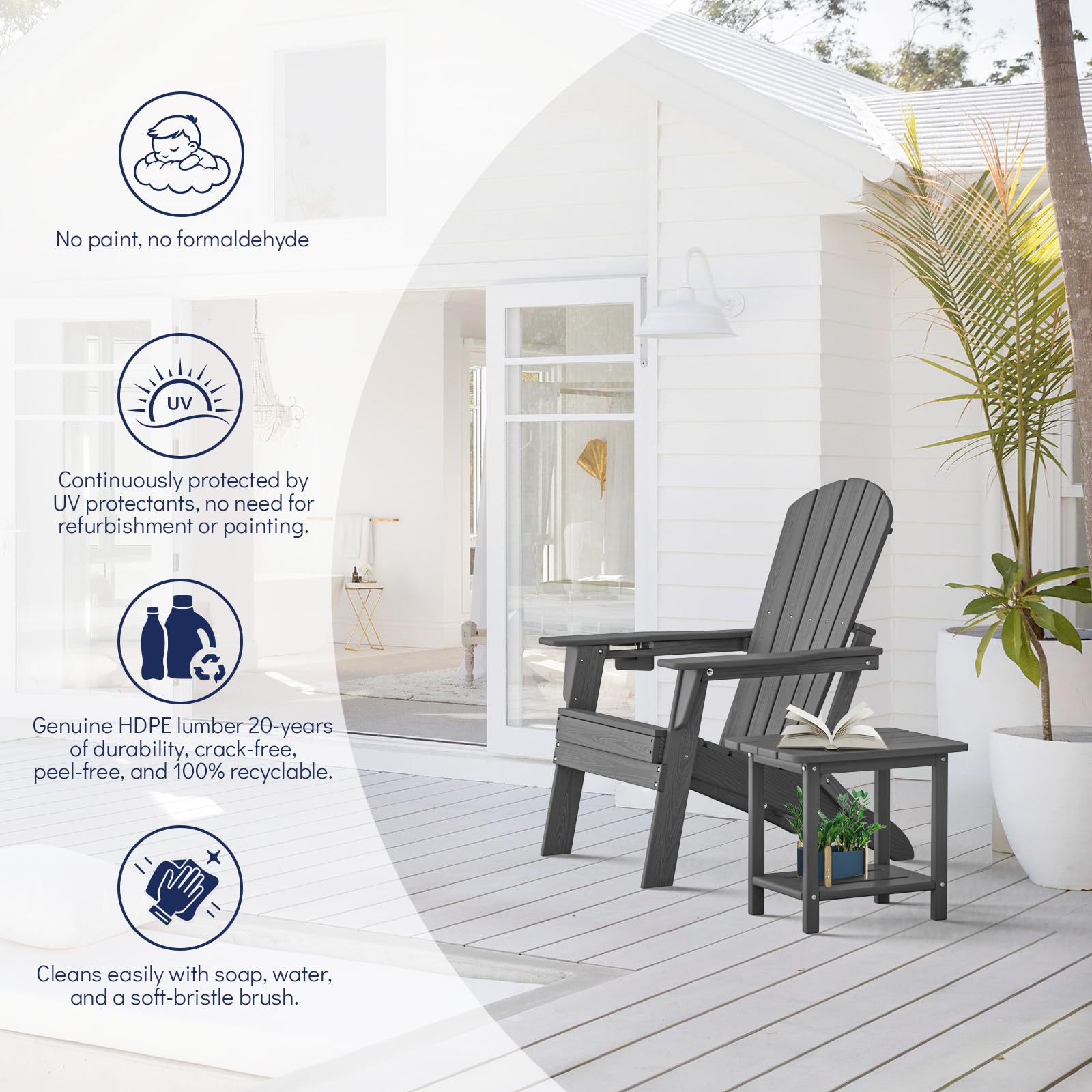**Heavy Duty Folding Adirondack Chair - All-Weather HDPE, Wooden Texture with Cup Holder - SGS Certified - Perfect for Poolside, Backyard, Lawn & Patio - Comfortable Outdoor Seating (Grey)**