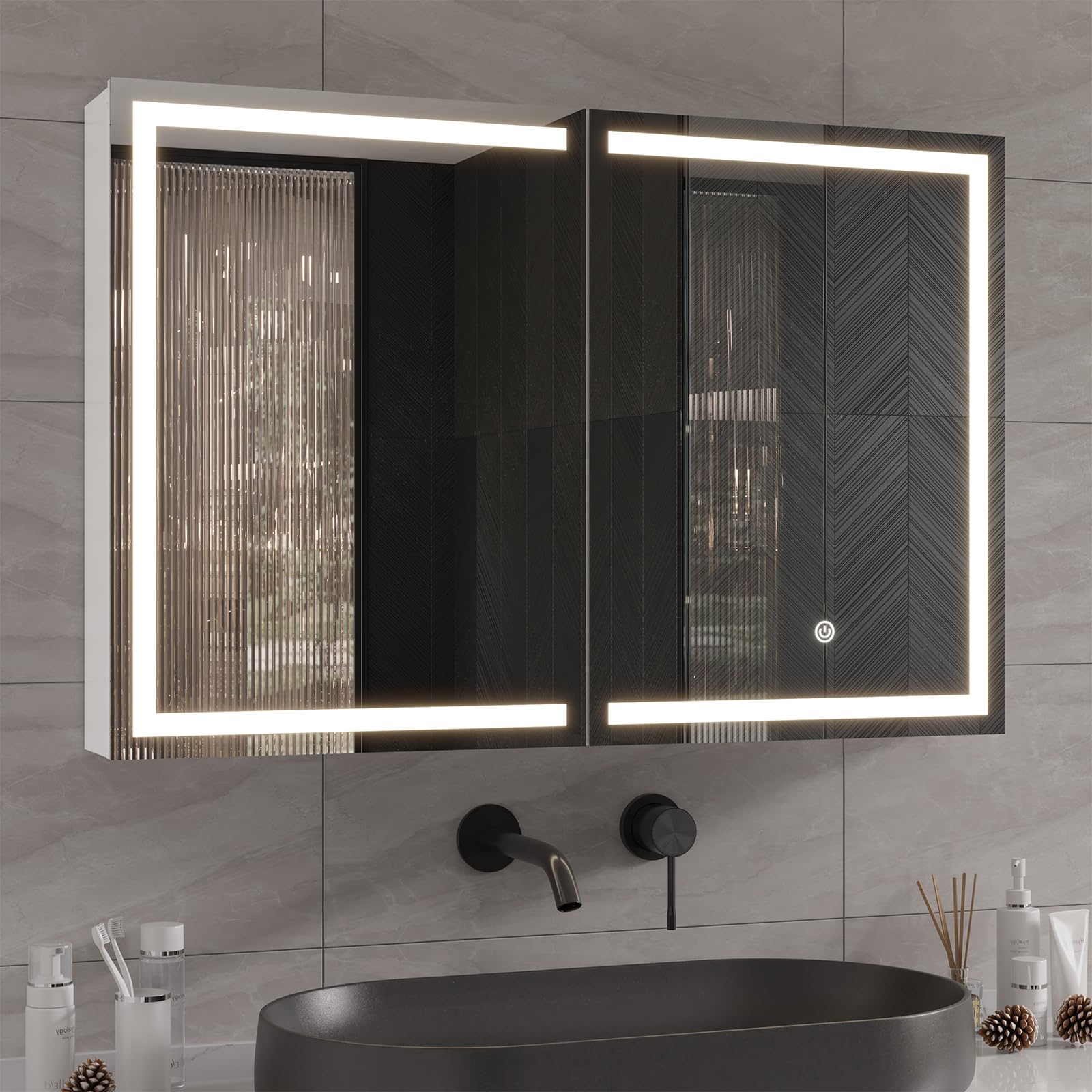35.4''x23.6'' White LED Lighted Medicine Cabinet with Mirror - Double Door Bathroom Storage Organizer with 2 Outlets & Built-in Lights - Perfect for Modern Bathrooms, Bedrooms, and Vanity Areas