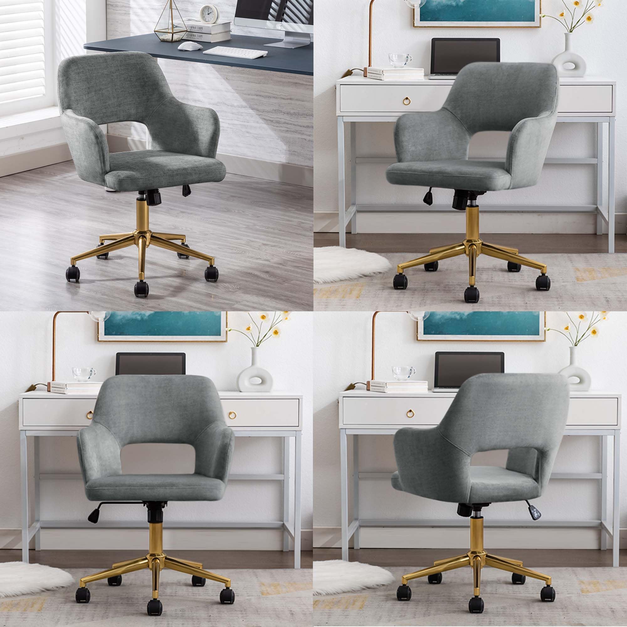 DUHOME Ergonomic Home Office Desk Chair with Wheels - Adjustable Swivel Fabric Computer Chair with Hollow Mid-Back Backrest, Comfortable Task Chair for Working, Studying & Gaming - Perfect for Office, Living Room & Bedroom (Light Grey with Golden Base)