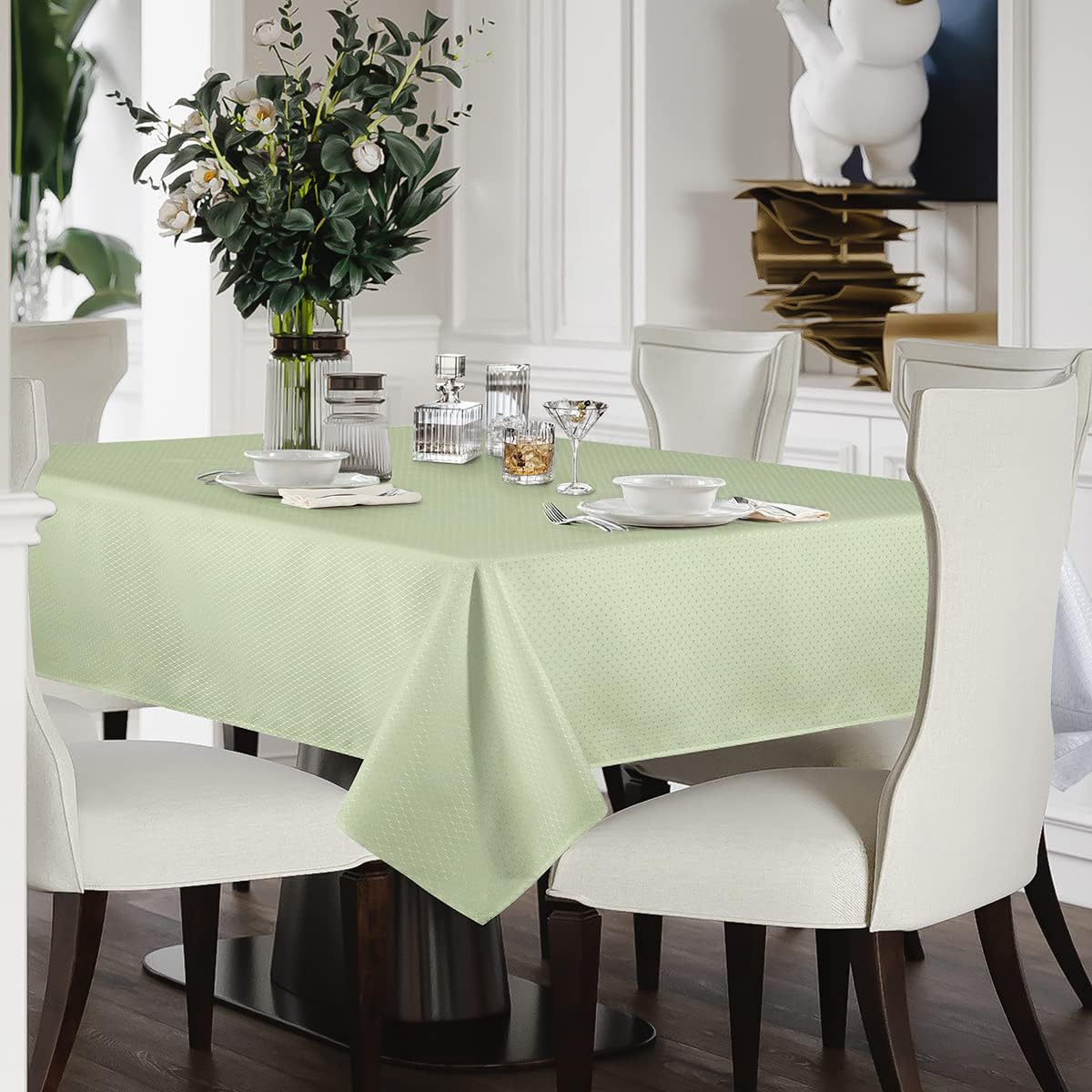 JUCFHY Jacquard Moroccan Green Rectangle Tablecloth - Oil-Proof, Spill-Proof & Water-Resistant Fabric Table Cover - 60 x 84 Inch - Perfect for Spring, Easter, Indoor & Outdoor Dining Decor