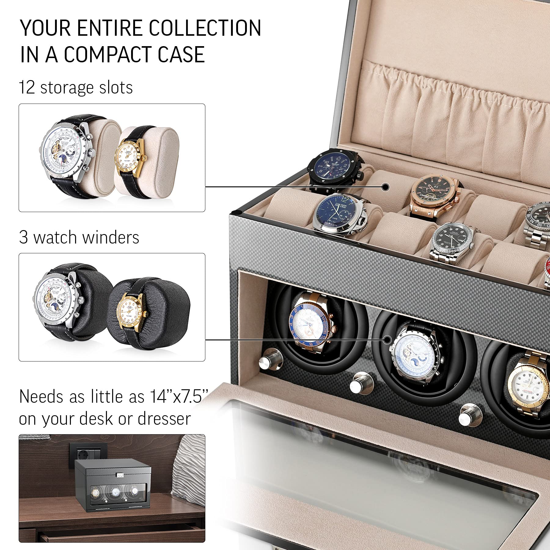 Premium Automatic Watch Winder for 3 Watches with 12-Slot Storage Box - Perfect for Watch Collectors & Luxury Timepiece Enthusiasts | Home Display & Travel Protection