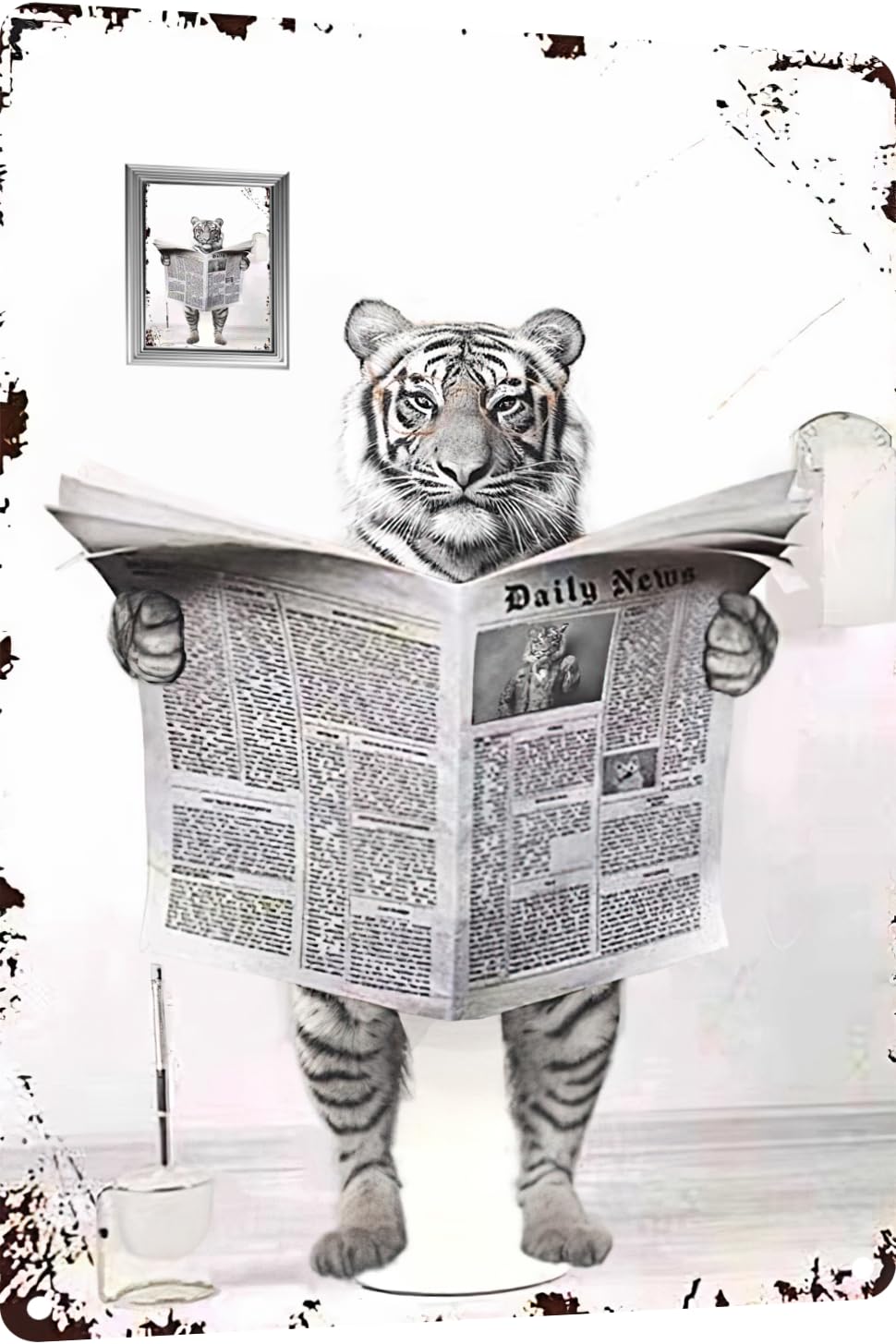 Vintage Tiger Reading Newspaper Funny Metal Tin Sign - 12x8 Inches Humorous Bathroom Wall Decor for Home, Toilet & Office - Perfect for Adding Whimsy to Your Space