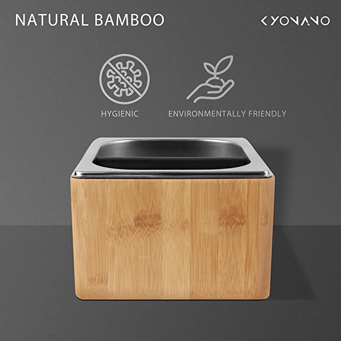 KYONANO Espresso Knock Box - Durable Bamboo & Stainless Steel Coffee Grounds Container with Non-Slip Base - Perfect for Home Baristas & Coffee Shops - Essential Espresso Accessory for Latte, Cappuccino & Americano Brewing