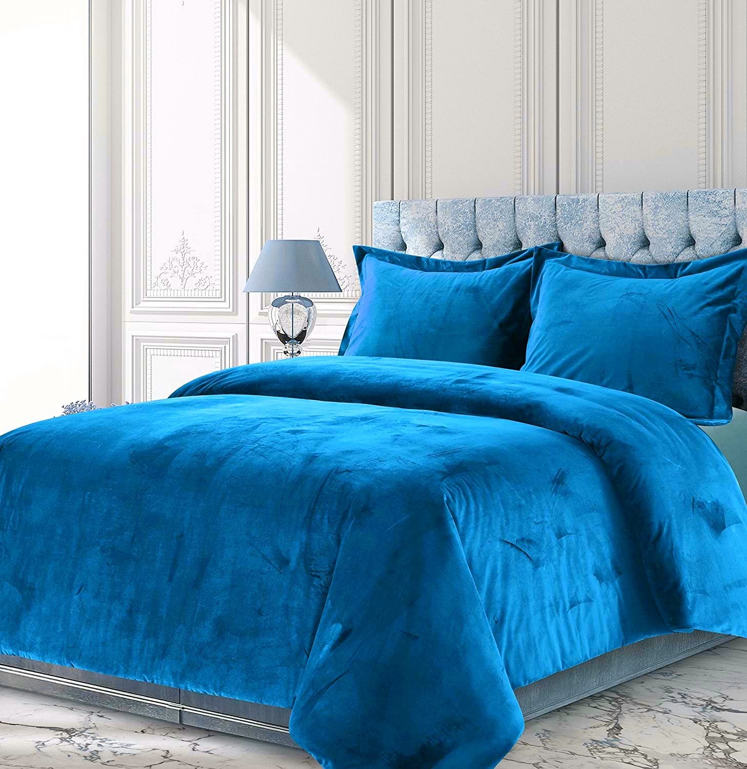 Luxury Velvet Turkish Blue Comforter Set Full Size 3-Piece - 300 GSM Crinkle Crushed Venice Velvet & Sherpa Quilt Duvet Cover with 2 Pillowcases | Ultra Soft Bedding for Cozy Winter Nights & Hotel-Style Bedroom Decor
