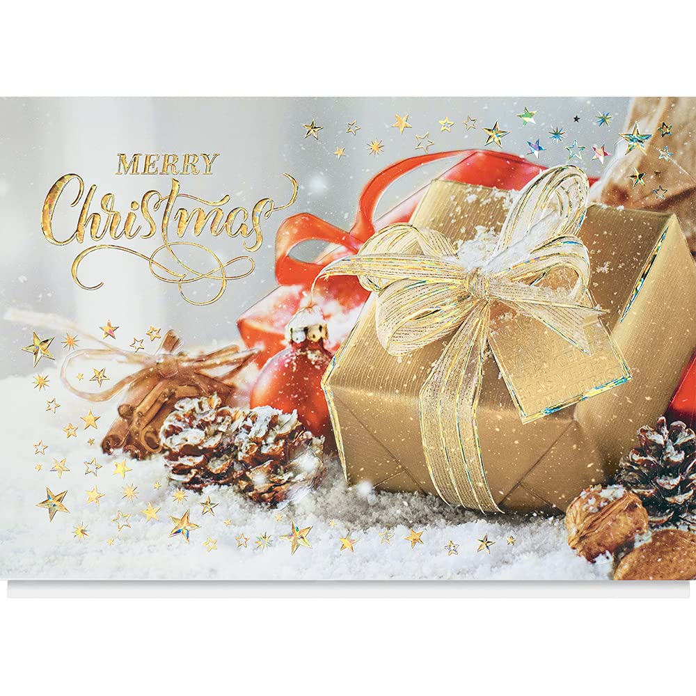 25 Personalized Christmas Cards with Foil-Lined Envelopes - Snow Dusted Presents Design - Holiday Greeting Cards for Business & Personal Use - Perfect for Corporate Gifts, Family & Friends Holiday Wishes