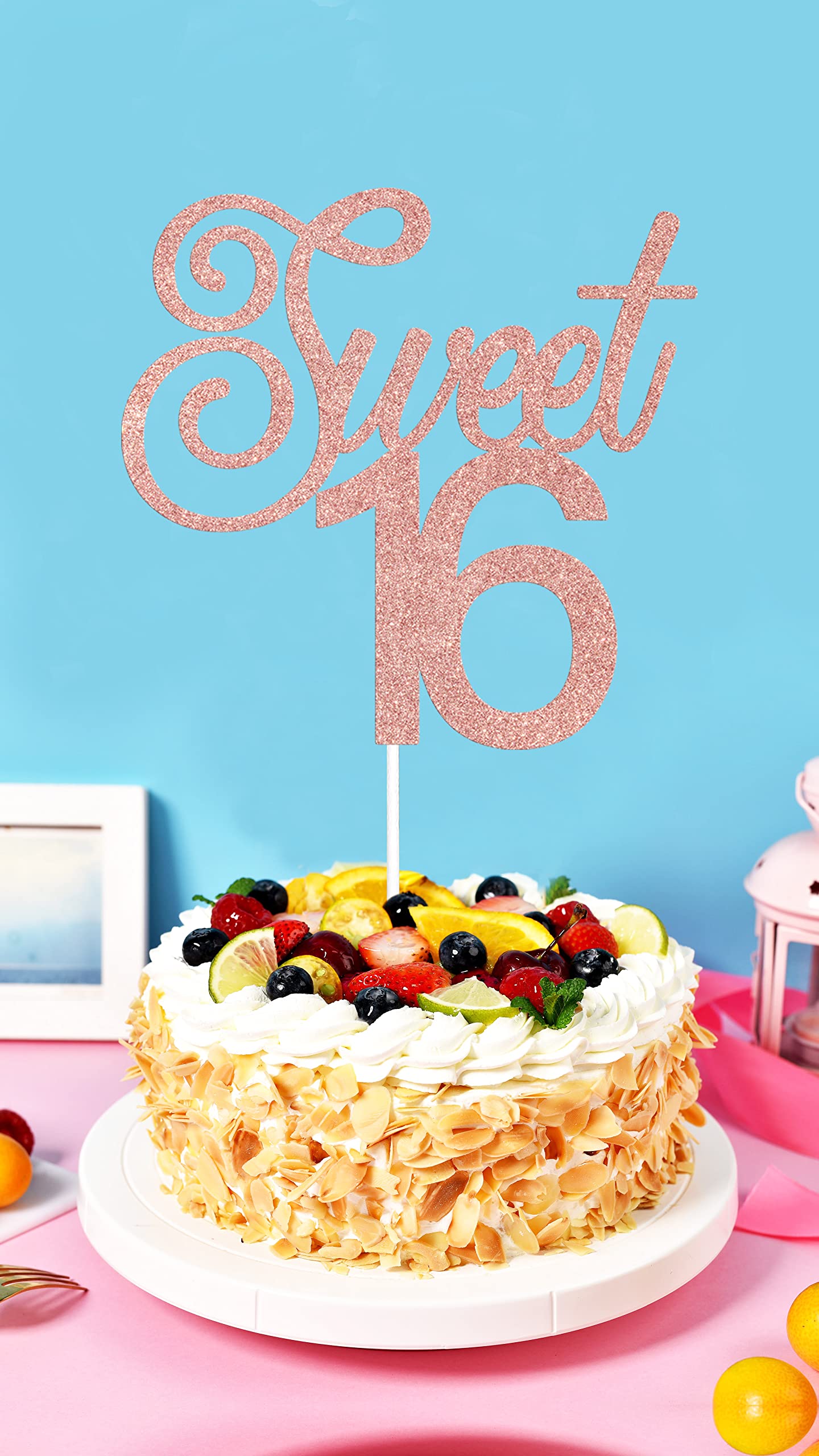Rose Gold Glitter Sweet 16 Birthday Cake Topper - Cheers to 16 Years - 16th Birthday Party Decorations - Happy 16th Anniversary Cake Decoration Supplies | Perfect for Sweet Sixteen Parties, Quinceañeras, Milestone Celebrations & Teen Birthday Cakes