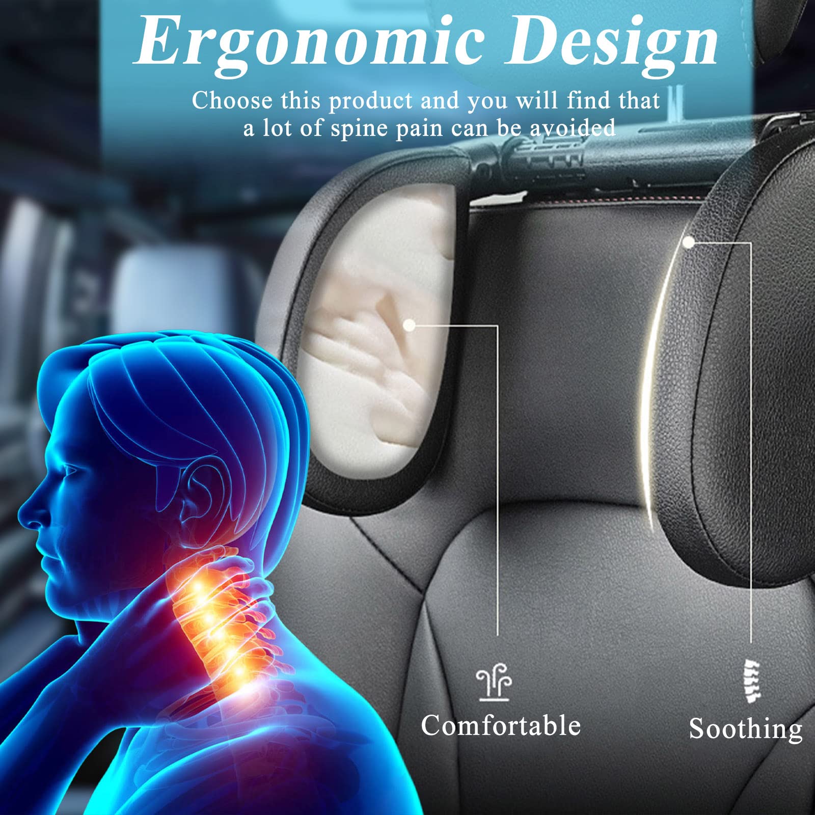 180 Degrees Adjustable Car Headrest Pillow - Memory Foam Neck Support for Adults & Kids - Travel & Road Trip Sleeping Aid - Universal Fit for Cars, SUVs & Booster Seats (Black) - Perfect for Long Drives & Commuting