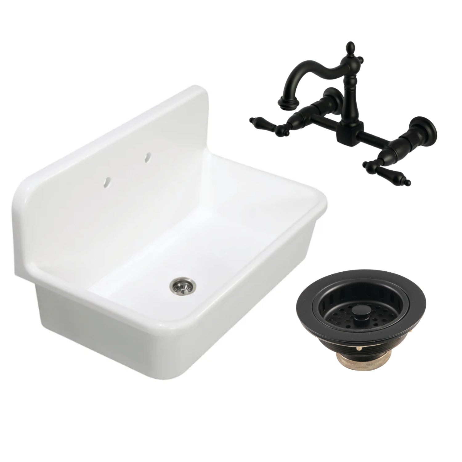 Arcticstone 36 Inch White Stone Composite Top Mount Single Bowl Kitchen Sink with Matte Black Wall Mount Bridge Faucet & Basket Strainer - Perfect for Modern Farmhouse, RV, and Apartment Kitchens