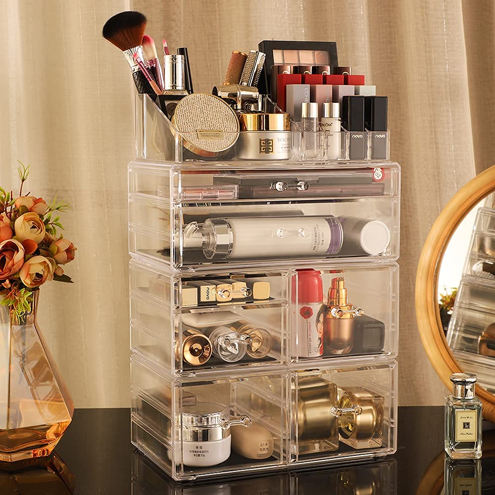 4 Pack Clear Acrylic Skincare Organizer - Stackable 7 Drawer Makeup Storage for Vanity | Cosmetic Organizer for Jewelry, Hair Clips & Beauty Products | Perfect for Bathroom Counter, Dressing Table & Bedroom Decor