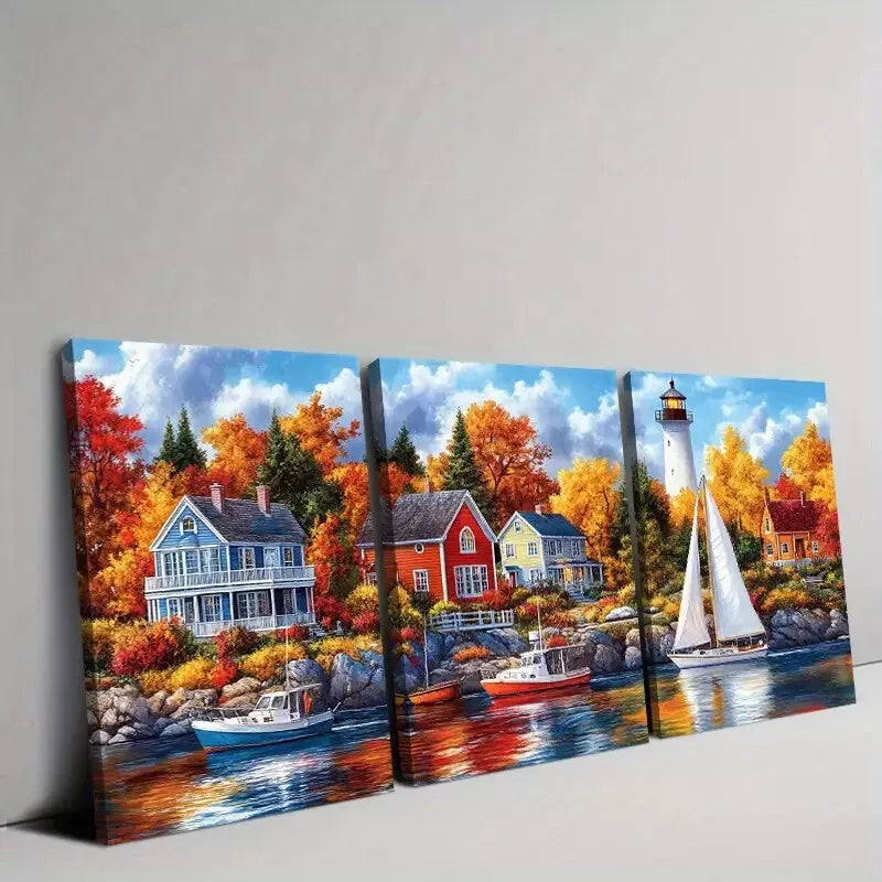 3-Piece Vibrant Harbor & Colorful Houses Boats Wall Art Set - Framed Canvas 50x70cm - High Quality Print - 100% Australian Made - Ready to Hang - Perfect for Living Room, Bedroom & Office Decor