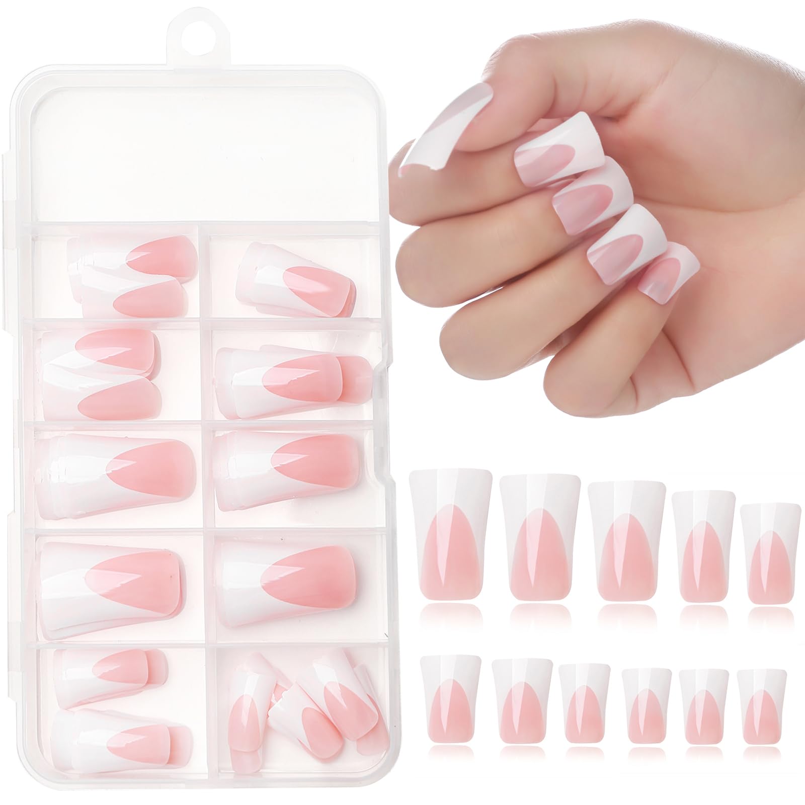 120Pcs White French Duck Press On Nails - 12 Sizes Glossy Tips for Salon & DIY Nail Art