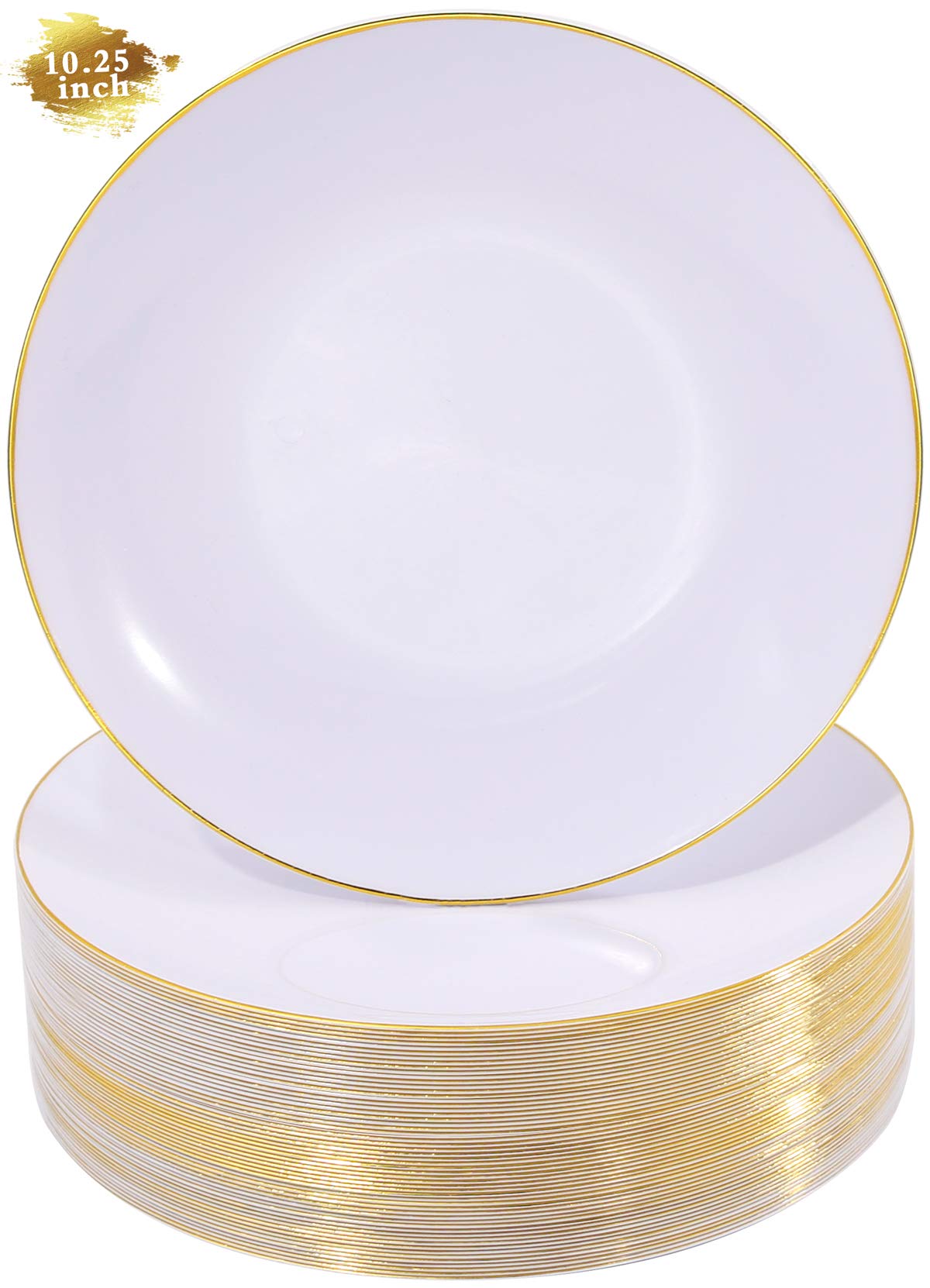 100-Piece Gold Plastic Plates - 10.25 Inch Elegant Disposable Dinner Plates for Wedding, Party, Christmas - Heavyweight White & Gold Design - Perfect for Banquets, Holiday Gatherings & Special Events