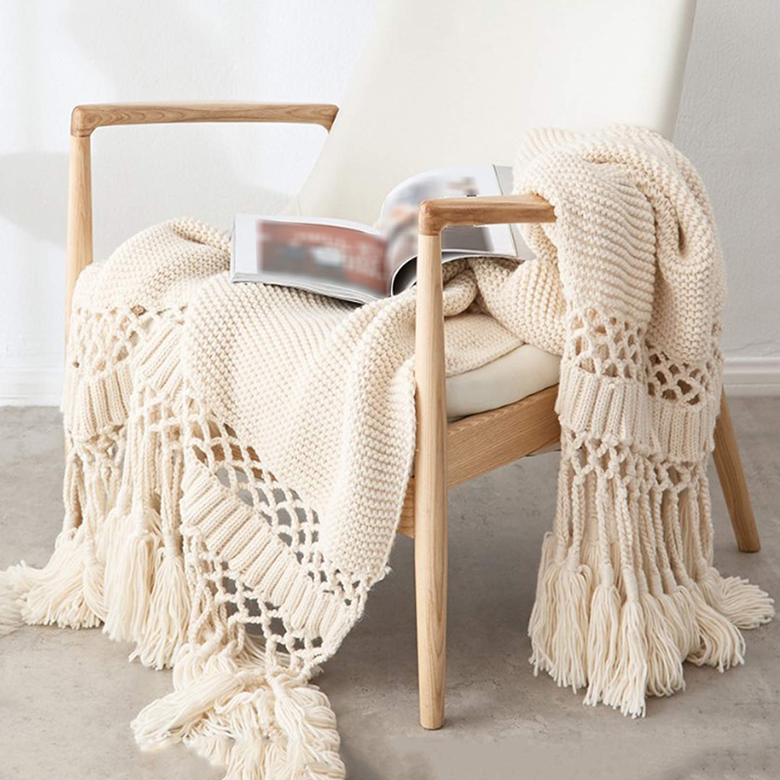 JKGHK Knitted Throw Blanket - Handmade Cotton Hollow Tassel Sofa Blanket in Solid Colors | Cozy Bed, Couch & Living Room Accessory for Home Decor