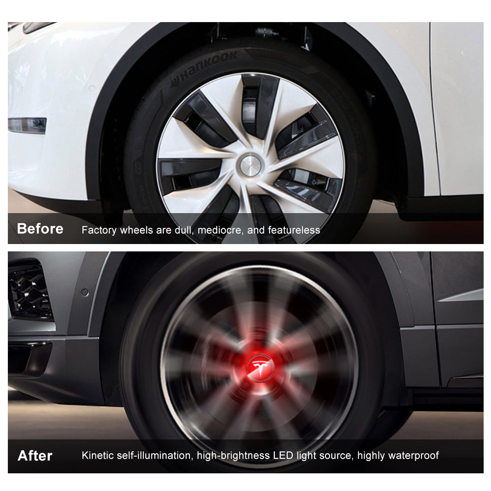 EVBASE Tesla Logo Model 3/Y LED Wheel Hub Caps (4PCS) - Waterproof LED Center Caps for Night Driving & Car Customization - Perfect for Tesla Enthusiasts & Car Modifications