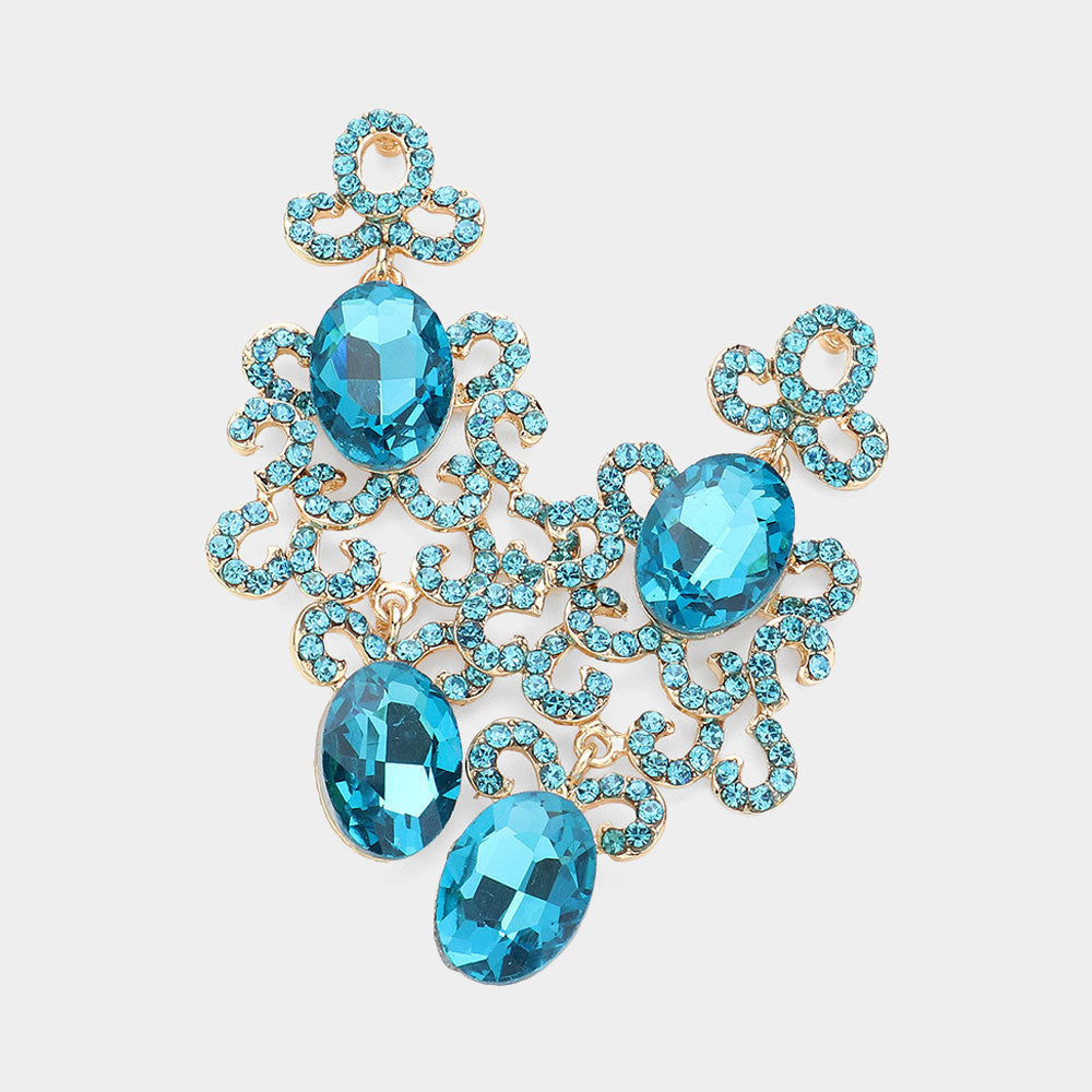 Aqua Oval Rhinestone Crystal Abstract Pageant Earrings for Women - Elegant Evening Earrings for Prom, Wedding & Special Occasions | 627272