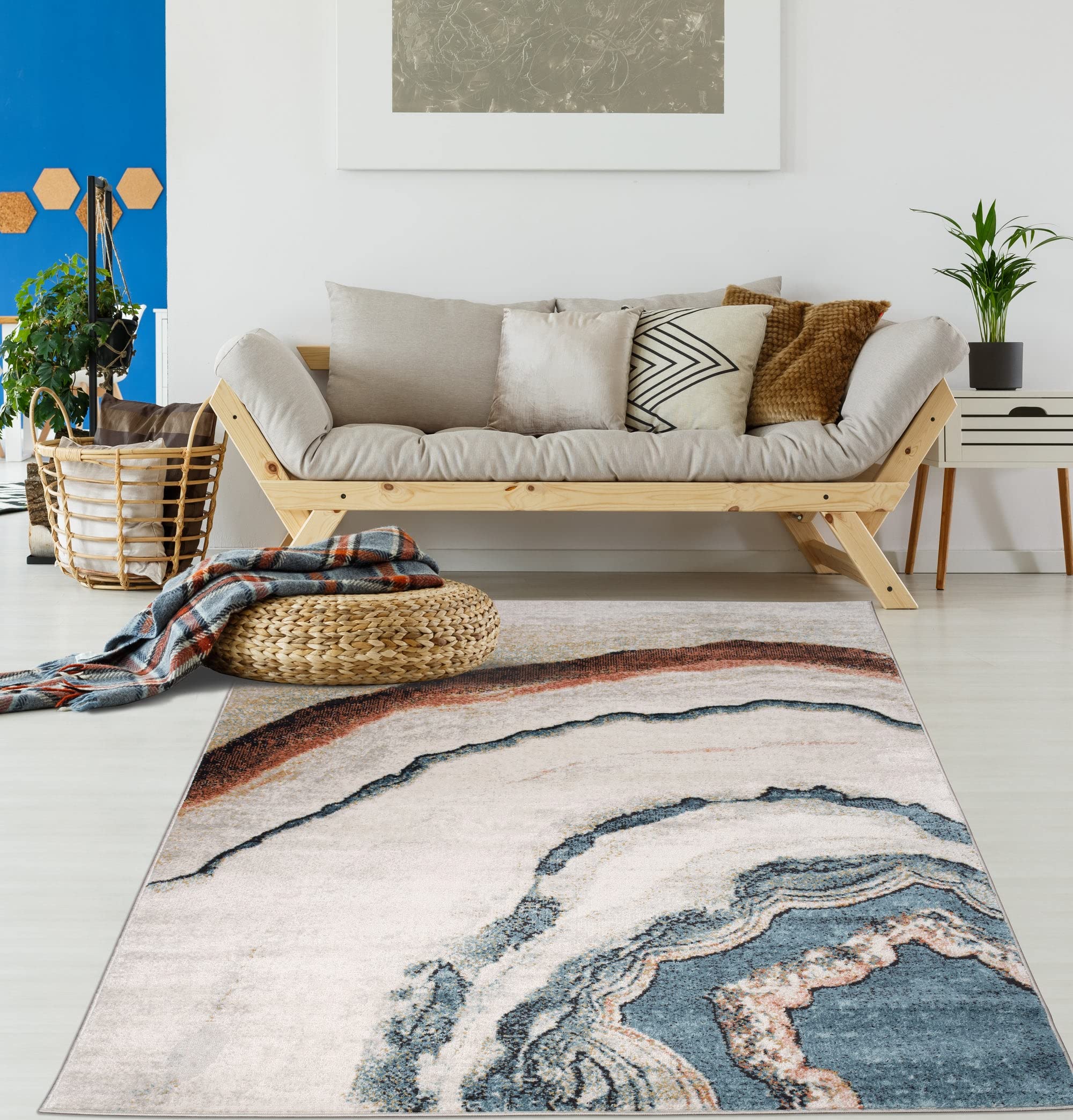LaDole Rugs Modern Abstract Area Rug - Marble Lava Pattern in Turquoise Blue, Ivory & Red - 3x5 Feet (2'7