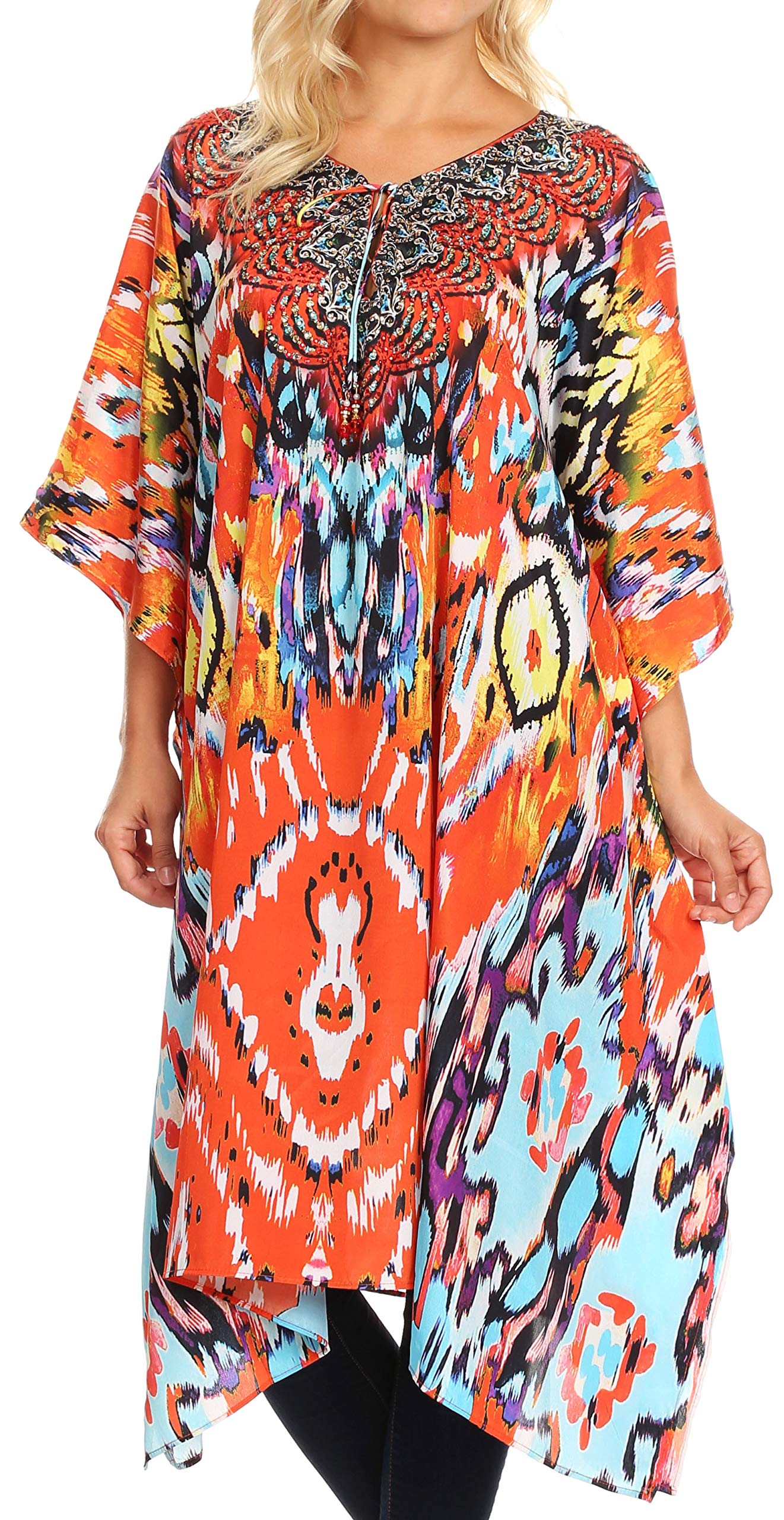 Sakkas Jenni Women's Boho Caftan Dress - Flowy Mid-Length Kaftan with Rhinestone Details | Perfect for Beach Cover Up, Summer Vacation & Boho Fashion Outfits