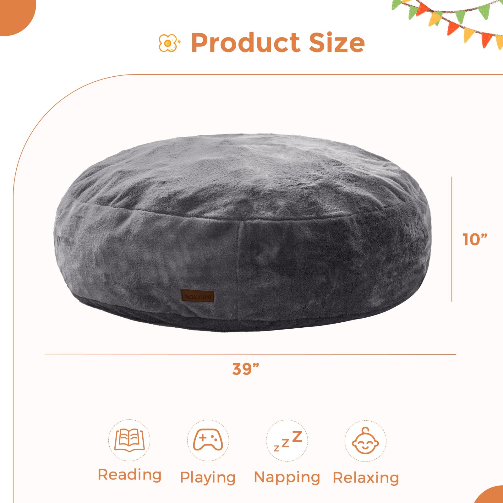 MAXYOYO 3-in-1 Kids Bean Bag Chair Bed - Convertible Faux Fur Round Floor Sofa for Children's Room, Gaming & Reading Nook - Dark Grey - Perfect for Playrooms, Bedrooms & Cozy Corners