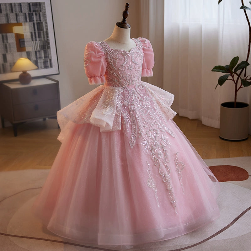 Pink Organza Flower Girl Dress - Princess Sweetheart Floor Length Formal Gown for Weddings, Parties & Special Occasions