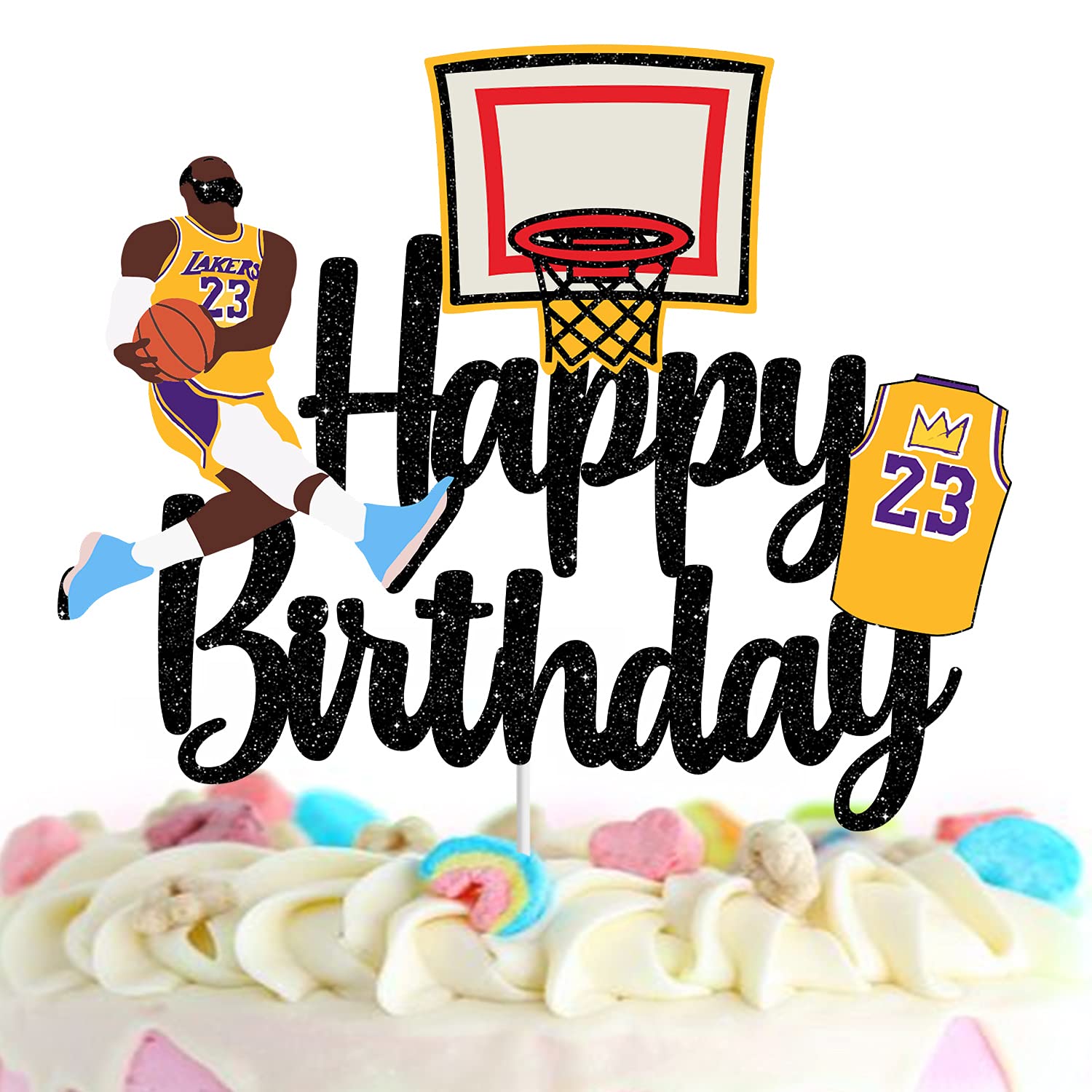 Basketball Cake Topper for Birthday Party - Black Glitter Basketball Star Themed Cake Decorations for Boys and Girls - Perfect for Sports Themed Birthday Cakes, Cupcakes and Desserts