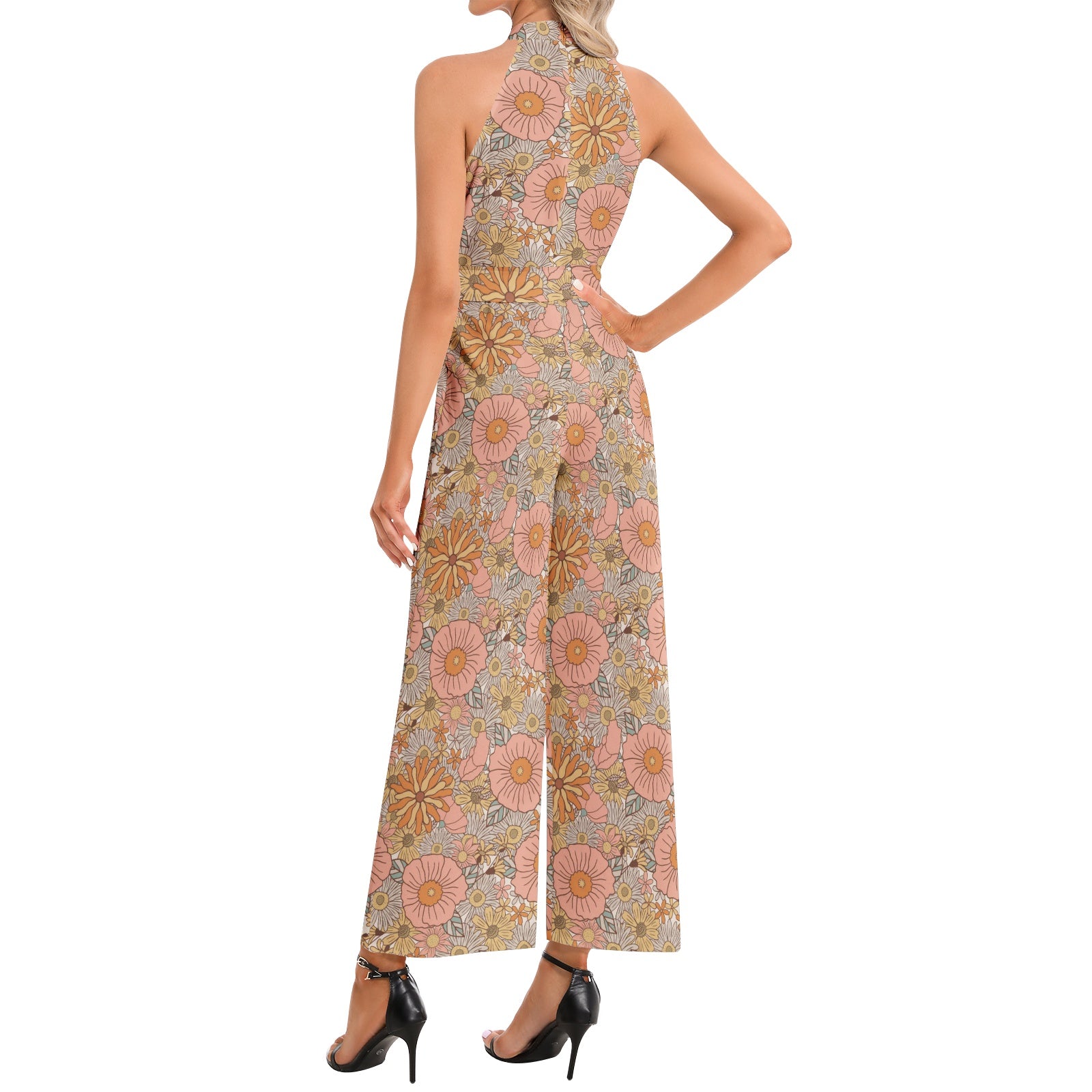 Women's Halter Neck Buckle Belted Jumpsuit - Pink Floral Print Romper for Summer, Beach, and Party Wear
