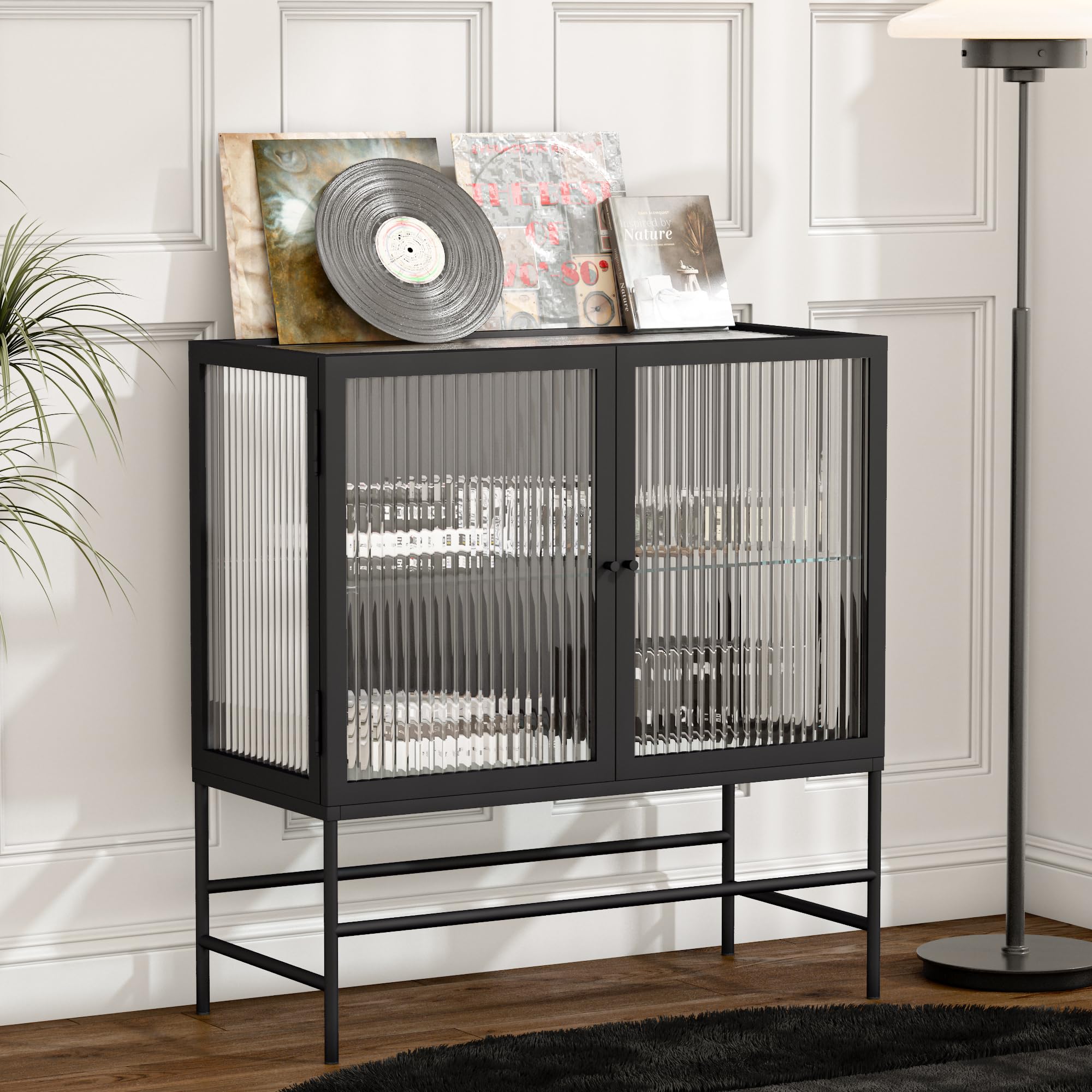 Fluted Glass Sideboard Buffet Cabinet - Minimalist Modern Credenza with Storage for Living Room, Wine Bar Cabinet for Liquor Storage, Black Dual Door Console Table | Perfect for Dining Room, Hallway & Home Office Organization