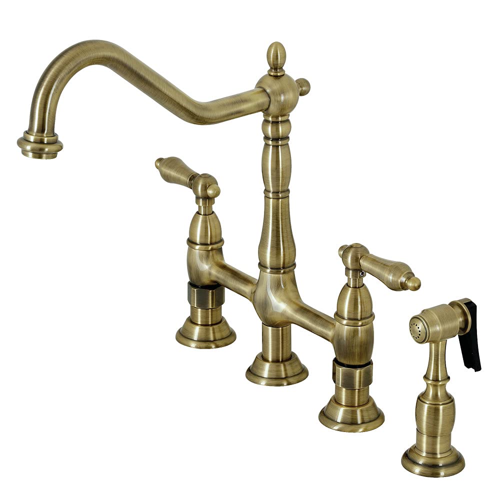 Kingston Brass KS1273ALBS Heritage 8-Inch Kitchen Bridge Faucet with Brass Sprayer - Antique Brass Finish - Perfect for Farmhouse, Vintage & Traditional Kitchen Sinks