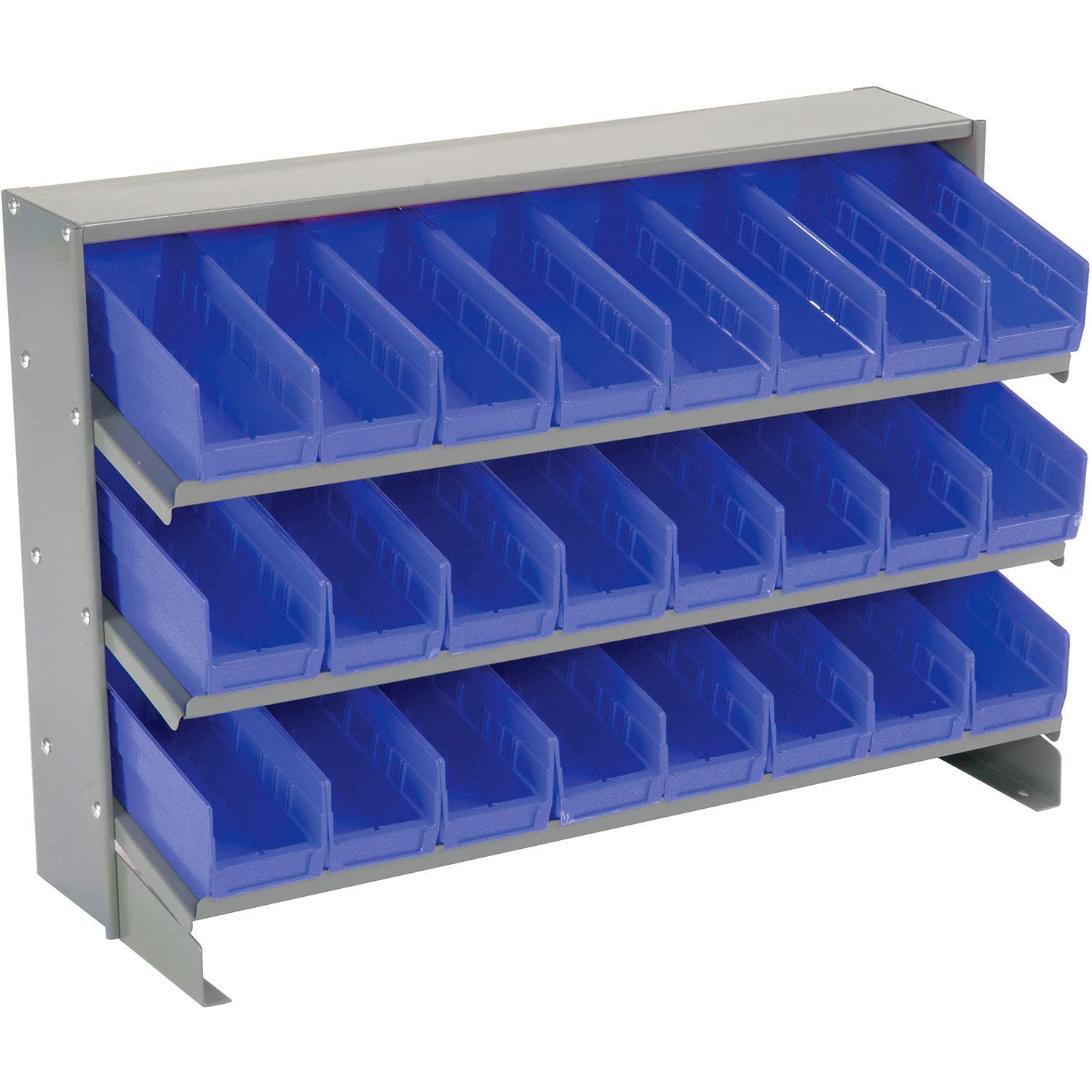 Global Industrial 3-Shelf Storage Bench Rack with 24 Blue Bins (4