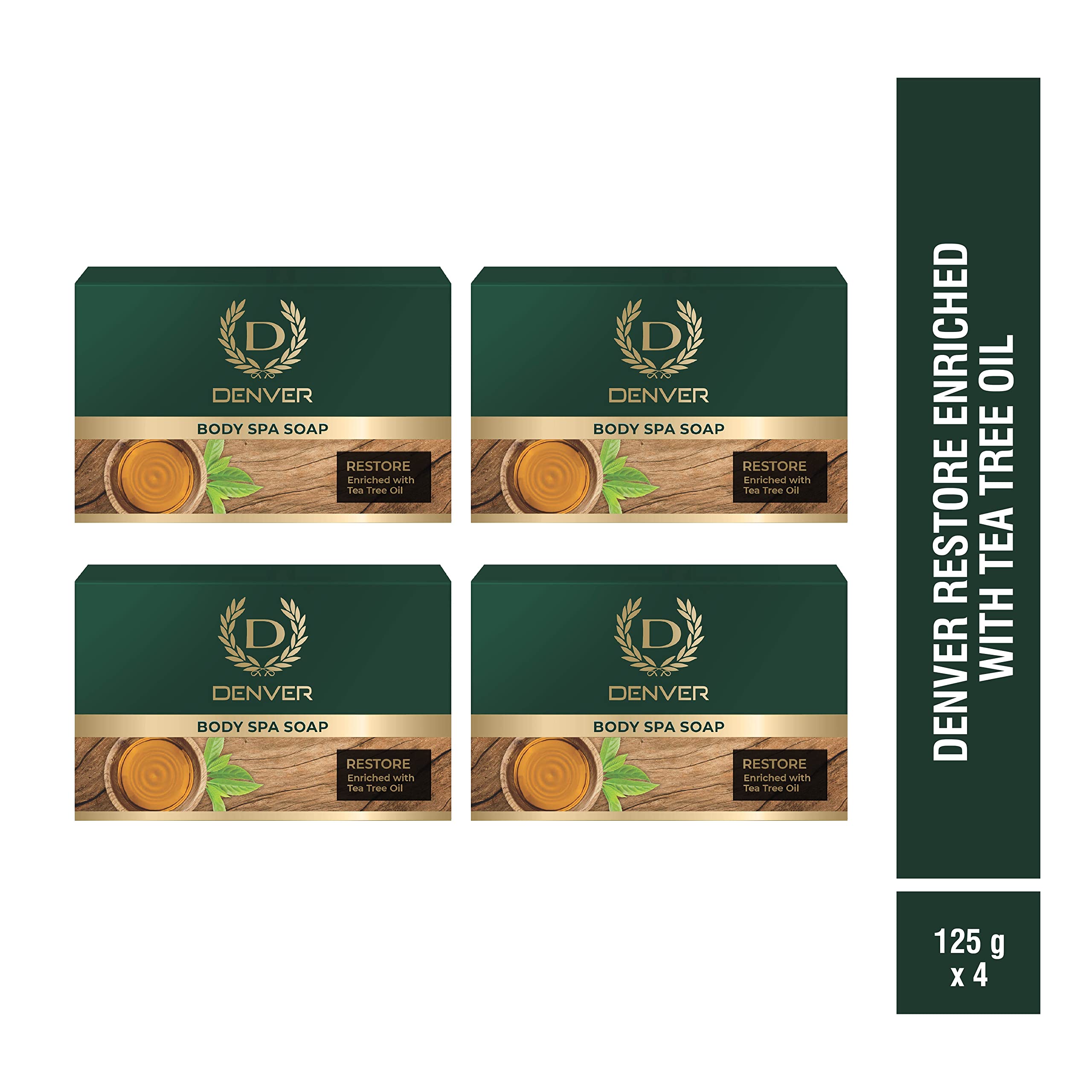DENVER Restore Body Spa Soap - 125GM Each (Pack of 4) | Tea Tree Oil Enriched | Moisturizing Scented Soap Bar for Men & Women | Perfect for Shower, Bath & Relaxation