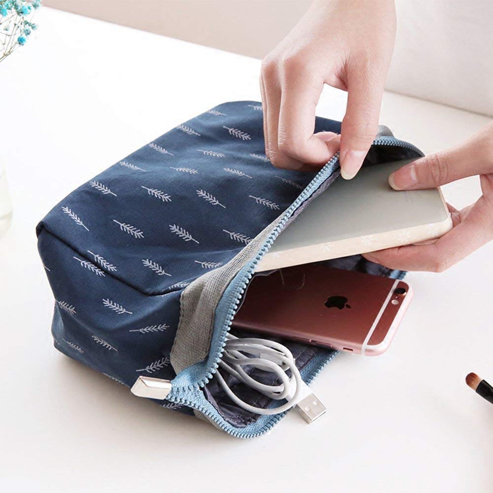 Favria Lightweight Waterproof Wrinkle-Resistant Washable Nylon Cosmetic Bag for Women - Travel Makeup Organizer Pouch, Blue Leaf - Perfect for Travel, Gym, and Everyday Use