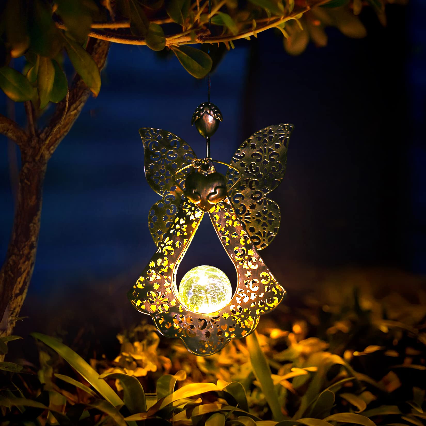 Outdoor Hanging Solar Lights - Waterproof LED Solar Lantern with Crackle Glass Globe & Metal Angel Design for Porch, Patio, Yard, Garden - Perfect for Memorial Gifts, Evening Ambiance & Landscape Lighting