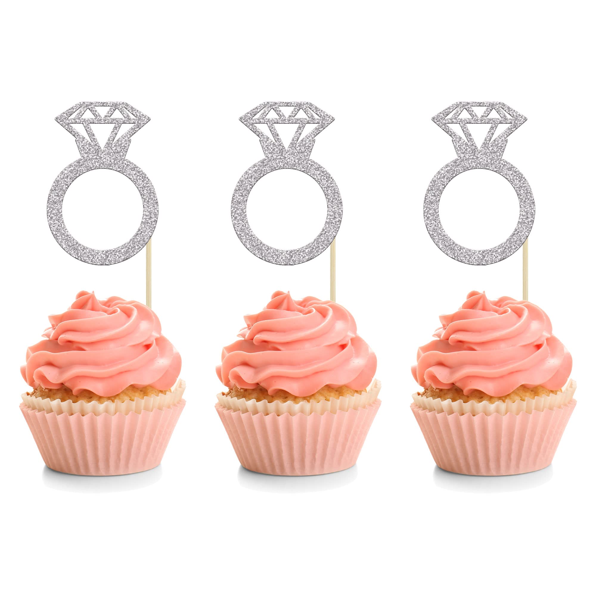 24Pcs Silver Glitter Diamond Donut Ring Cupcake Toppers - Elegant Wedding Cake Decorations for Engagement, Bridal Shower & Party - Perfect for Dessert Table Decor & Sweet Treat Displays